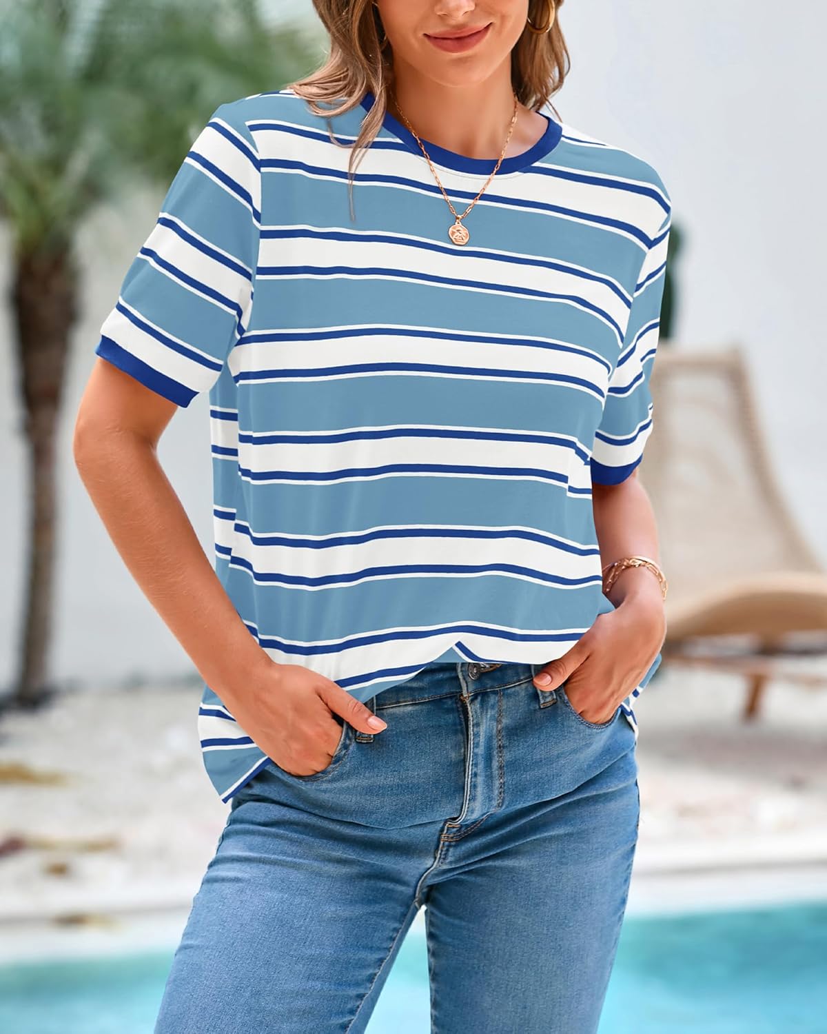 BTFBM Summer Tops for Women 2026 Crewneck Short Sleeve Striped T Shirts Casual Spring Clothes Color Block Basic Tee Blouses - Image 7