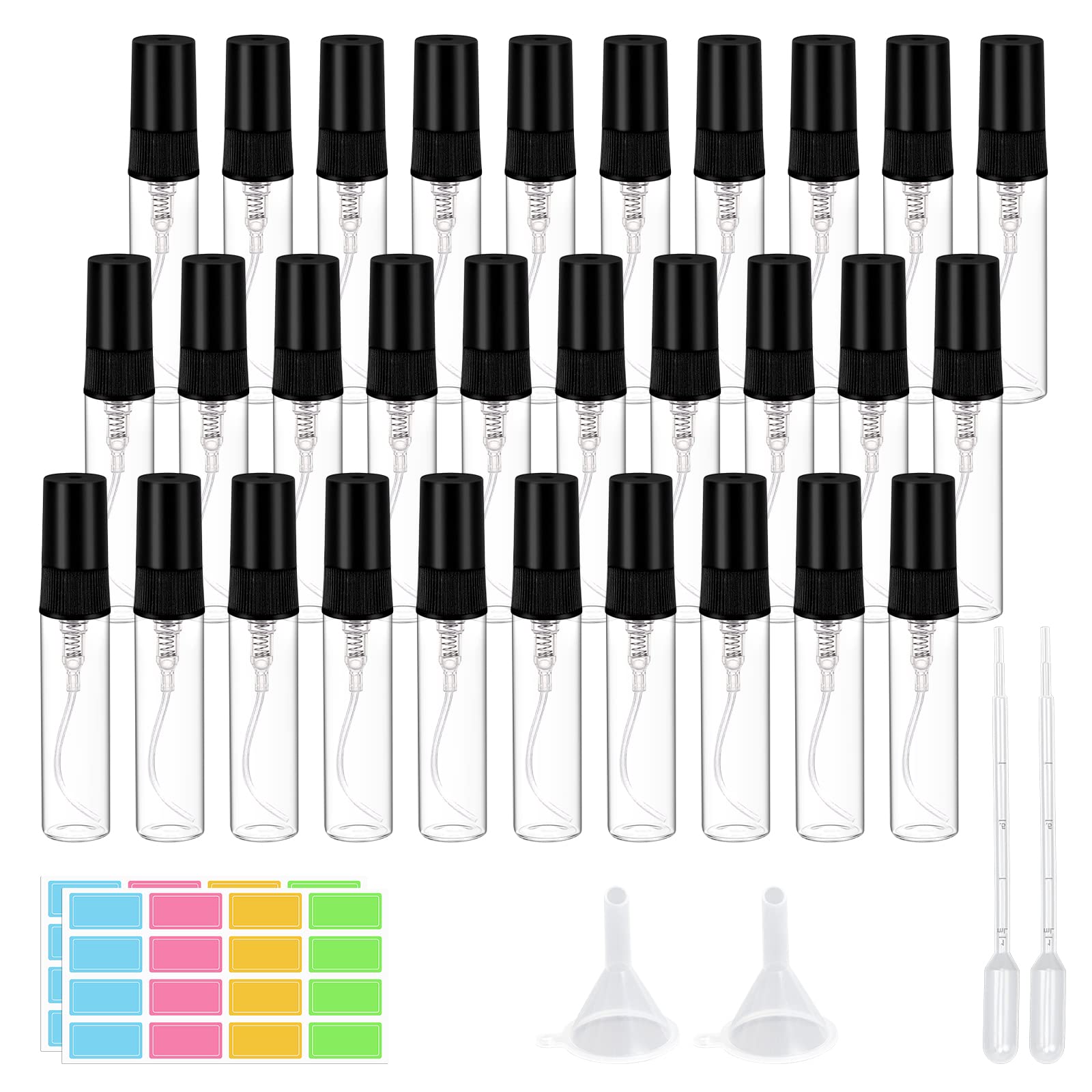 Rocutus Mini-Parfümzerstäuber Set – 6x 5ml, Nachfüllbar, Mit Pumpe & Trichter, Bunt