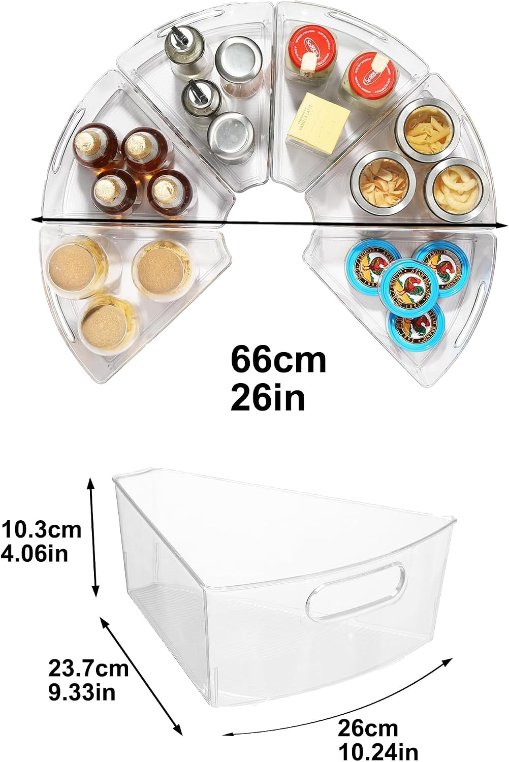 Lazy Susan Organizer for 26''-28'' Diameter Clear Corner Cabinet Storage Bins, Plastic Kitchen Corner Organizer with Handle 1/8 Wedge, Food Safe BPA Free (8 Pack)