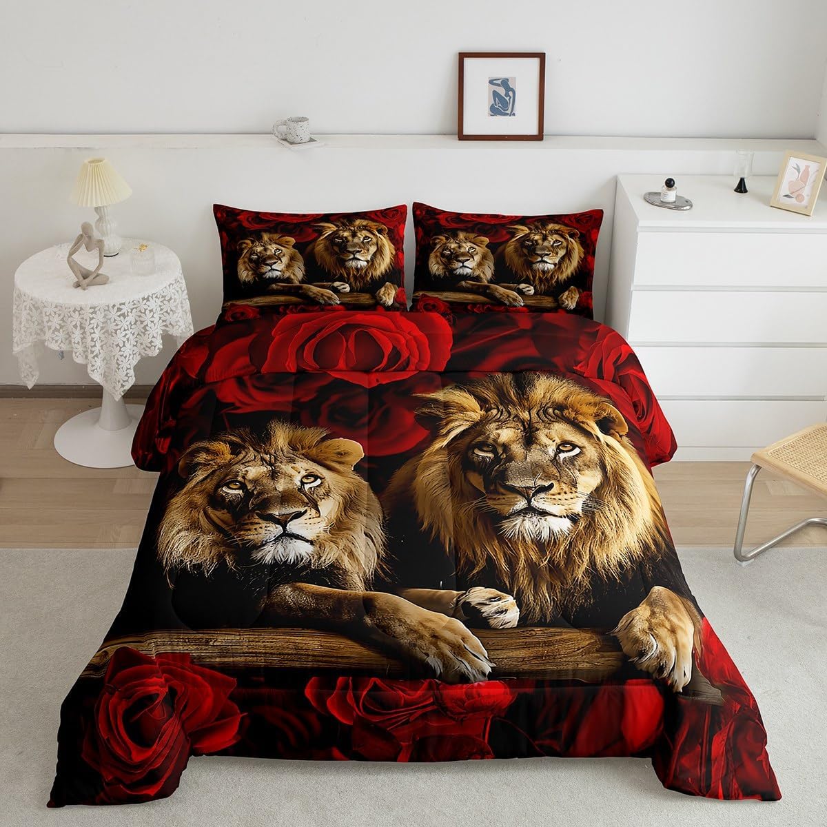 Feelyou Lion Comforter Set Twin Size Kids Rose Floral Comforter for Boys Girls Teens 3D Wild Animal Pattern Bedding Set Romantic Flower Duvet Set Valentine's Day Quilt