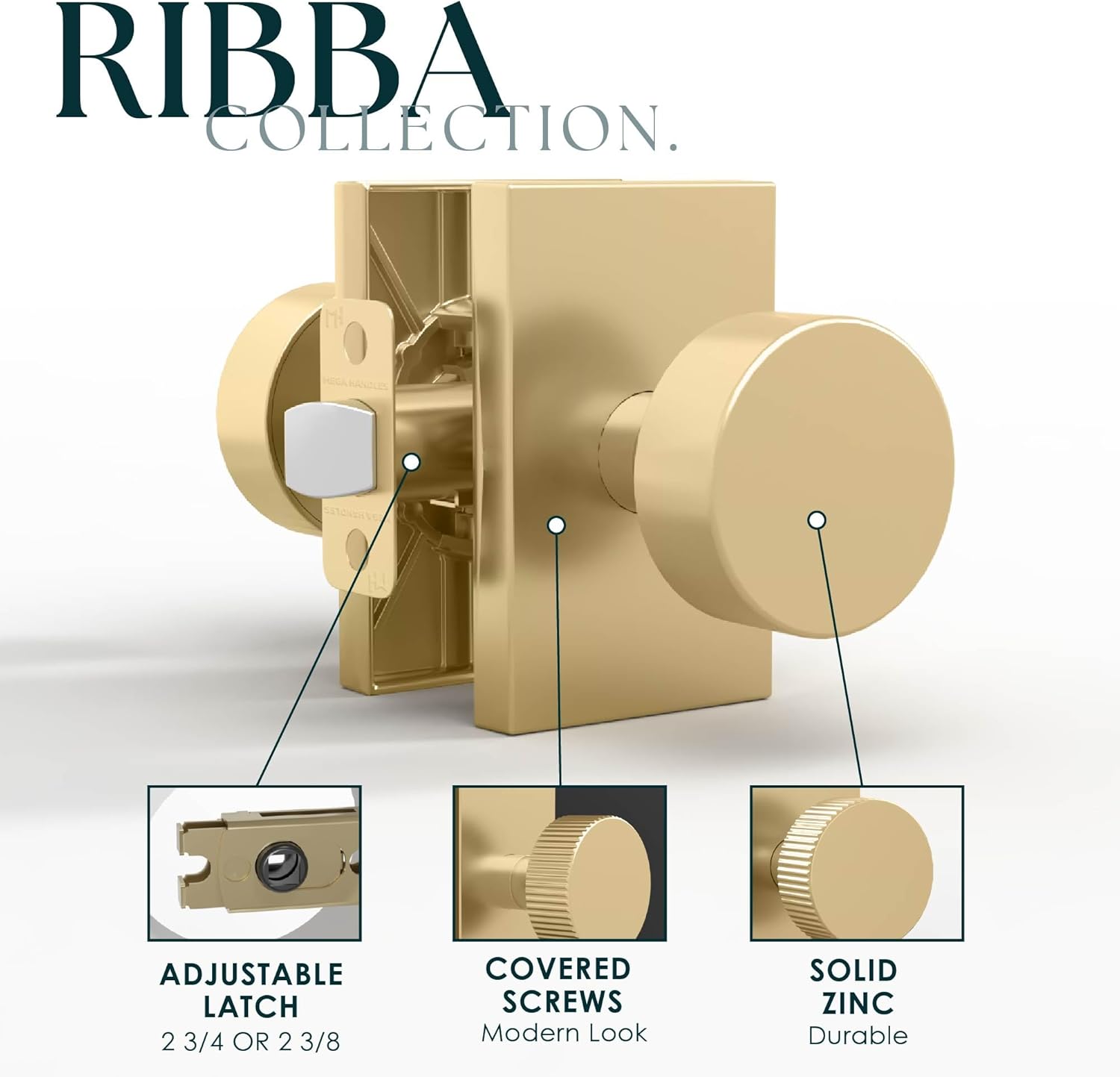 Mega Handles Ribba Passage Door Handle - 1 Pack Reversible Gold Door Handle, Heavy Duty No Lock Door Handles Interior for Closet & Hallway, Fits All Standard Door Sizes - Satin Brass
