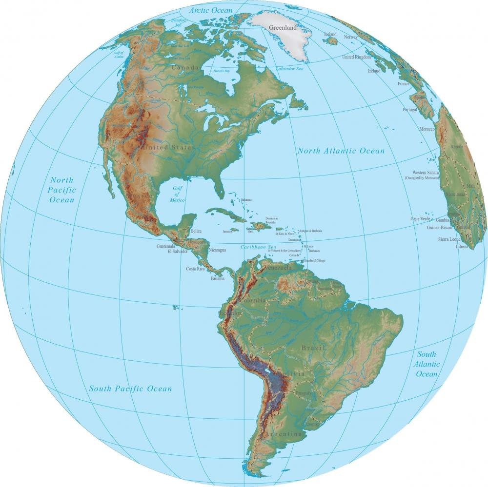 World Terrain Map Globe - America Map Wall Decal - 42 Inches W x 42 Inches H - Peel and Stick Removable Graphic