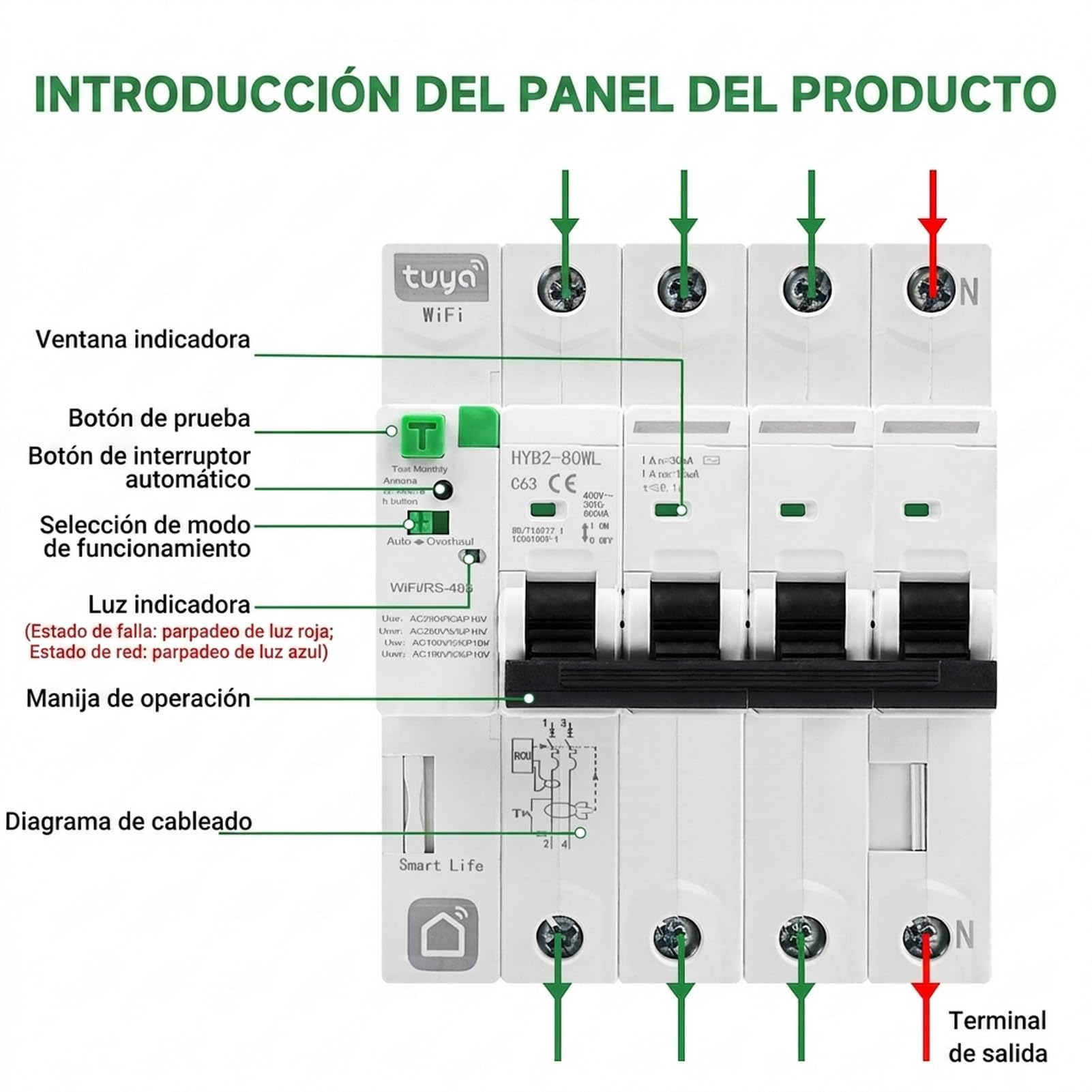 Disyuntor inteligente wifi 63A 30ma magnetotermico 380V 4P TUYA/Smart Life APP Recovery inteligente de reconexion interruptor Proteccion contra fugas contra fugas por subtension.