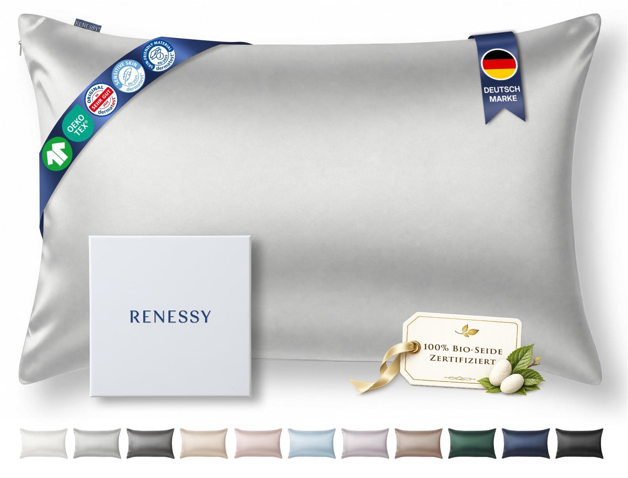 Kissenbezug aus 100% Bio-Seide 40x80cm - 22 Momme Maulbeerseide, Güteklasse 6A, Oeko-Tex zert. in Deutschland - Luxus für Haar und Haut, 1 Stück (Hellgrau)