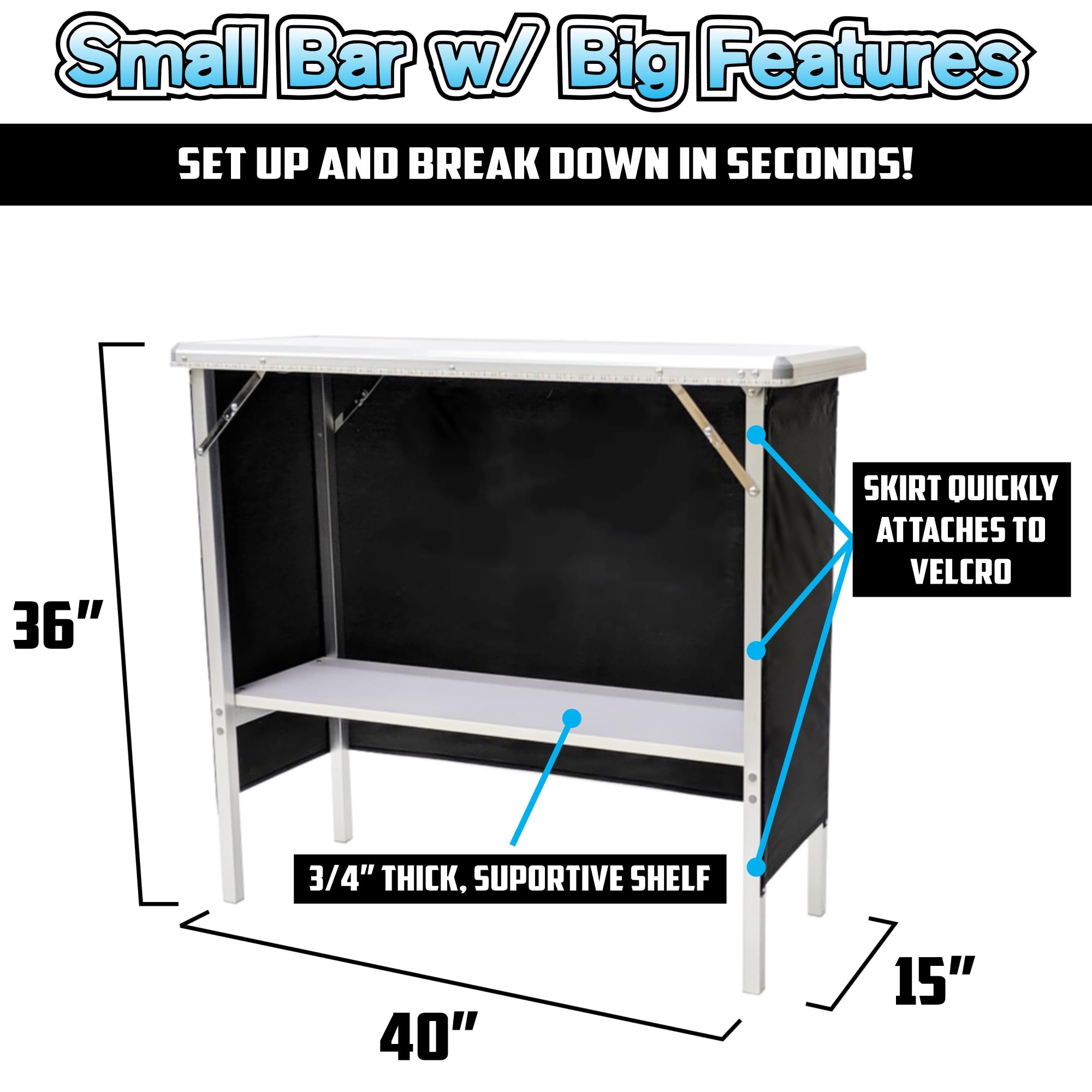 Folding Portable Bar w/LED Lights, Wireless Remote, 2 Bar Skirts, Storage Shelf, & Carrying Case - Bubbles