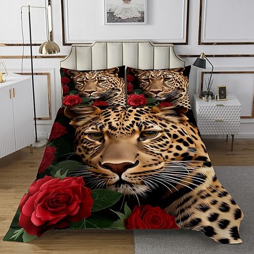 Miniatura 2 de Erosebridal Juego de ropa de cama con diseño de rosas rojas y gatos, animales salvajes africanos acolchados para hombres y mujeres, colcha romántica