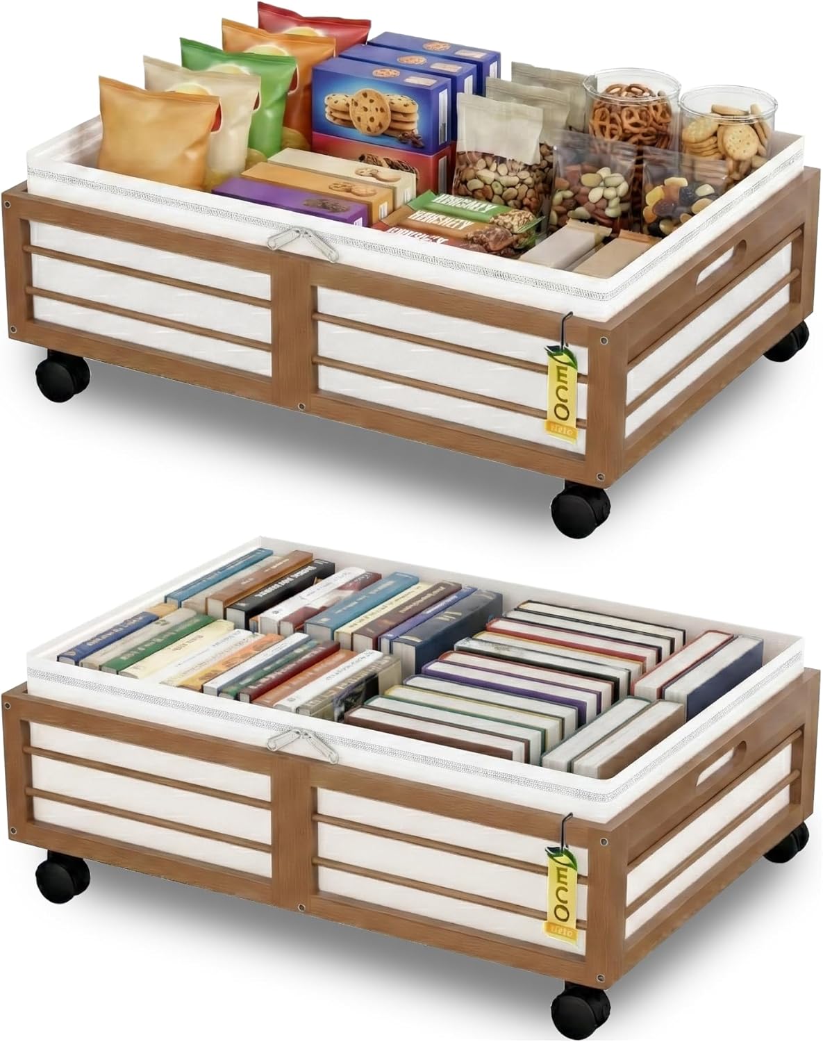 Under Bed Storage Containers with Wheels, Larger Bamboo Wood Under Furniture Storage Containers with Dust Bags，Rolling for Shoes Clothes