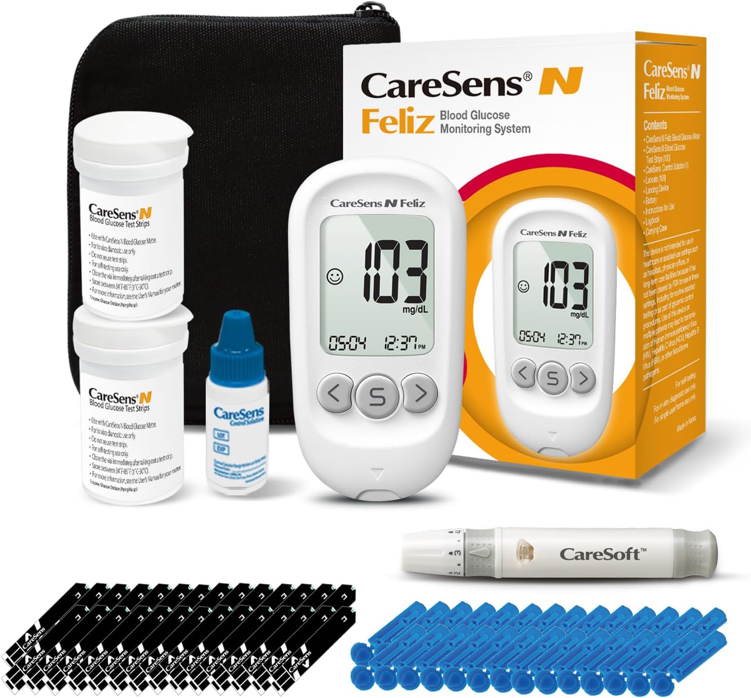 CareSens N Feliz Blood Glucose Monitoring Kit with 100 Blood Sugar Test Strips, 100 Lancets, 1 Blood Glucose Meter, 1 Lancing Device, 1 Control Solution, Travel Case for Diabetes Testing Kit for Personal Use