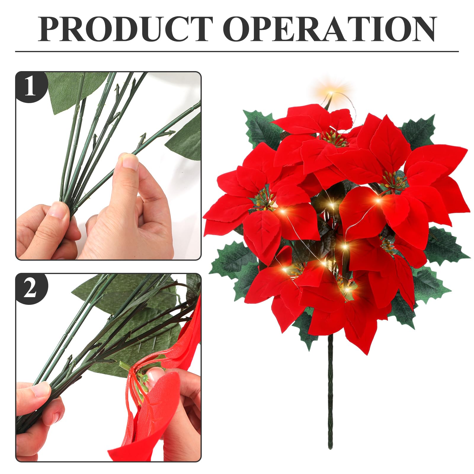 Lot de 12 fleurs de poinsettia artificielles lumineuses de Noël en vrac, 40 cm, 7 tiges artificielles en velours rouge pour intérieur et extérieur, décoration de sapin de Noël, maison, porche