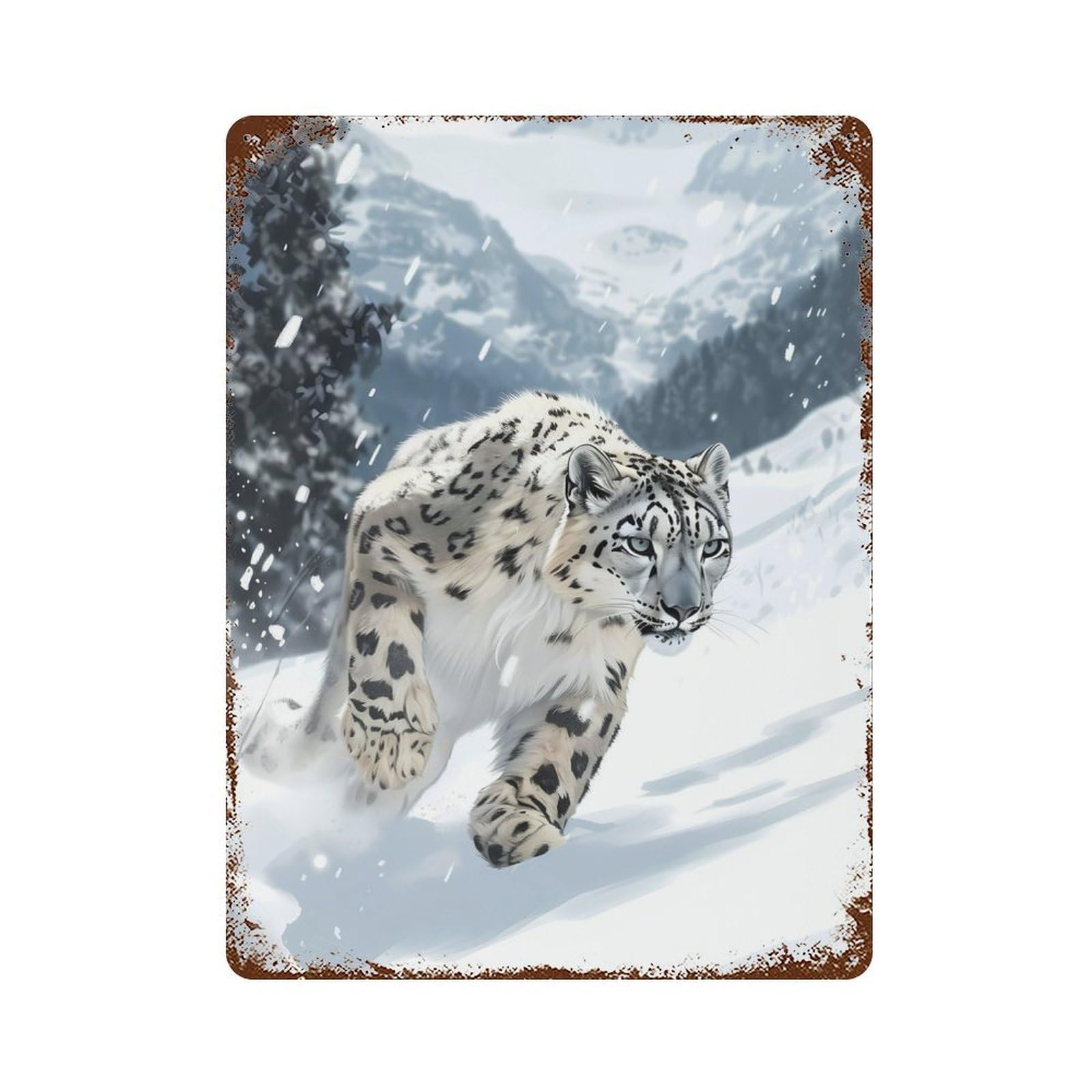Rust Effect Snow Leopard Running Weathered Tin Sign 15.7"x11.8", Classic Wall Plaque for Living Room, Hallway And Home Decor