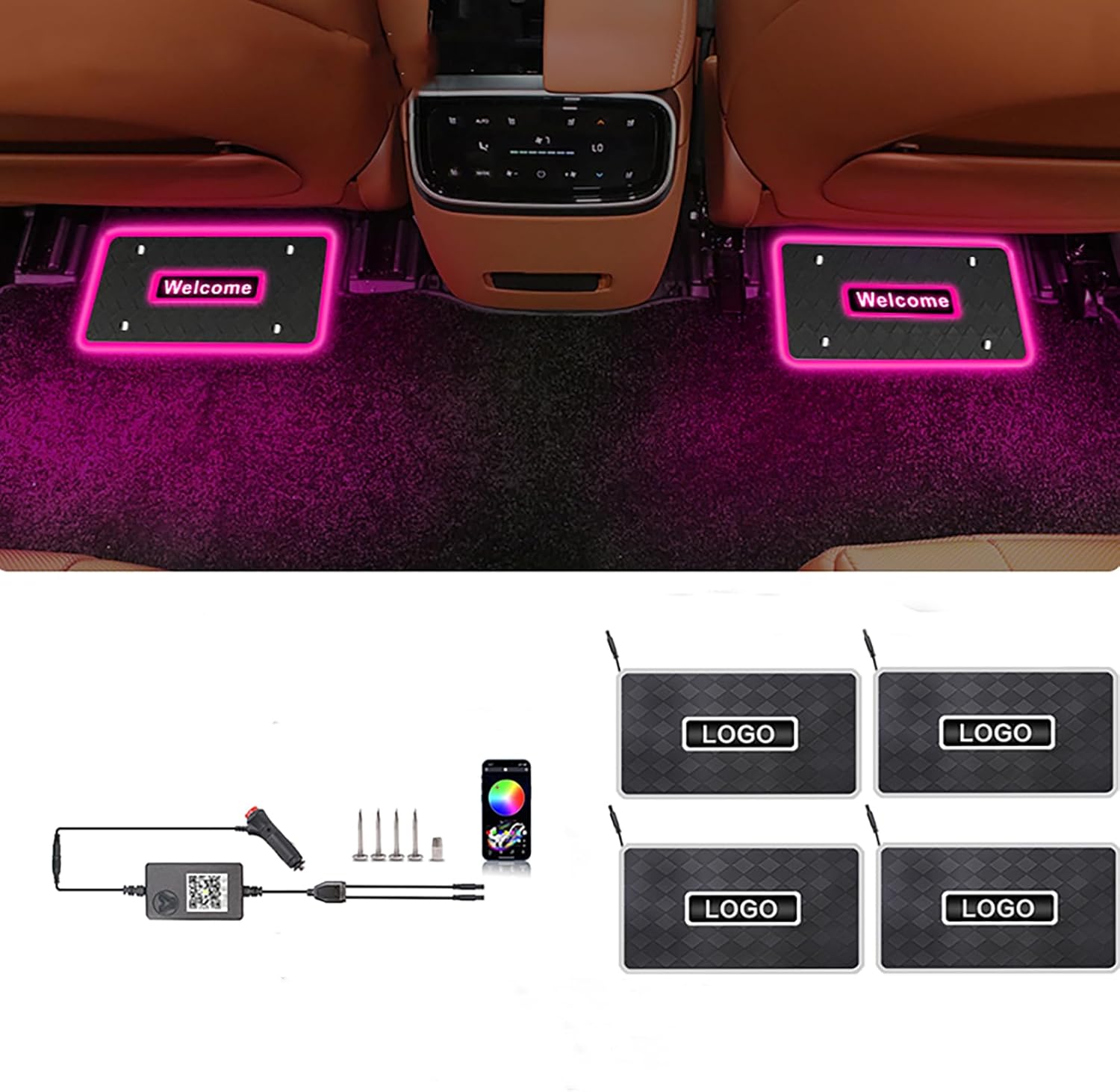 Customizable Car Floor Mats Lights, Customize Personalized Logo Car Floor Mats Light Waterproof RGB LED Neon Lamp App Control Adjustable Flashing Mode Universal Car Interior Foot Mat Decoration Light