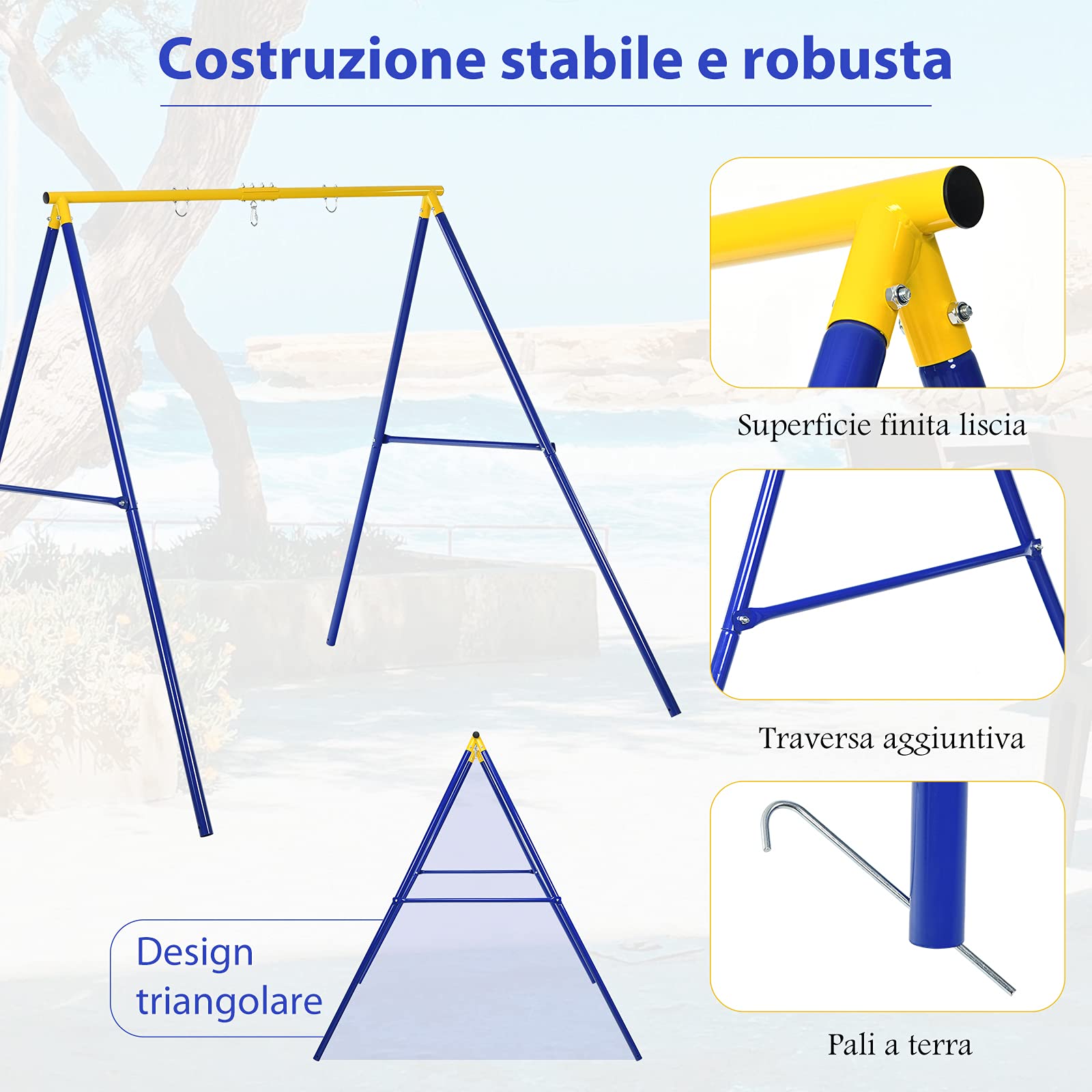 COSTWAY Supporto per Altalena Bambini, Base da Altalena per Bambini in Metallo, Strattura per Altalena da Giardino, Portata 200 kg (Blu e Giallo)