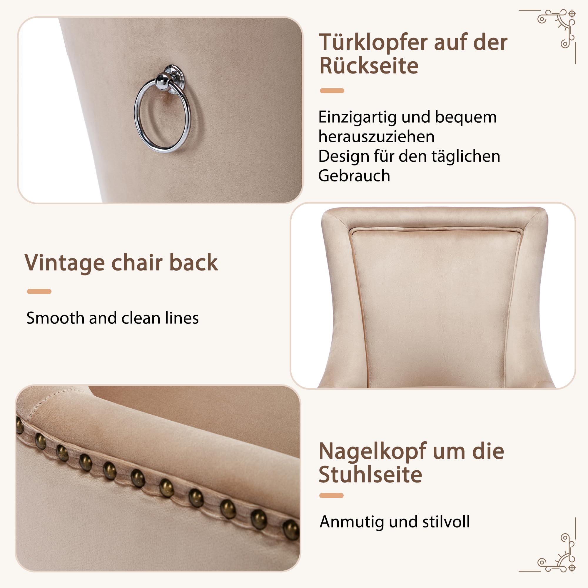 Lot de 6 chaises de salle à manger de luxe rembourrées avec tête cloutée et pieds en bois massif, housse en velours, beige