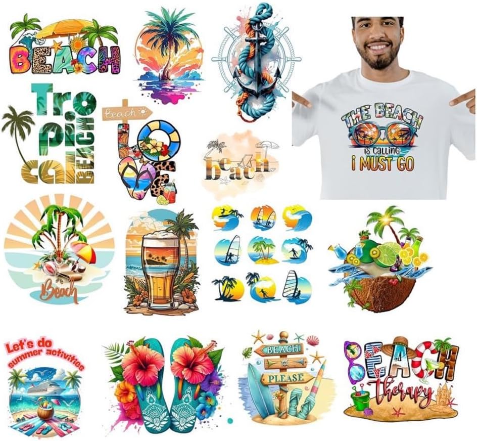 Beach Theme Gang Sheet DTF Iron-On Transfers for T-Shirts & Hoodies – Heat Press Ready Direct to Film (DTF) Prints, Summer Tropical Design for Cotton & Polyester Fabric – Vibrant Colors, Easy to Apply