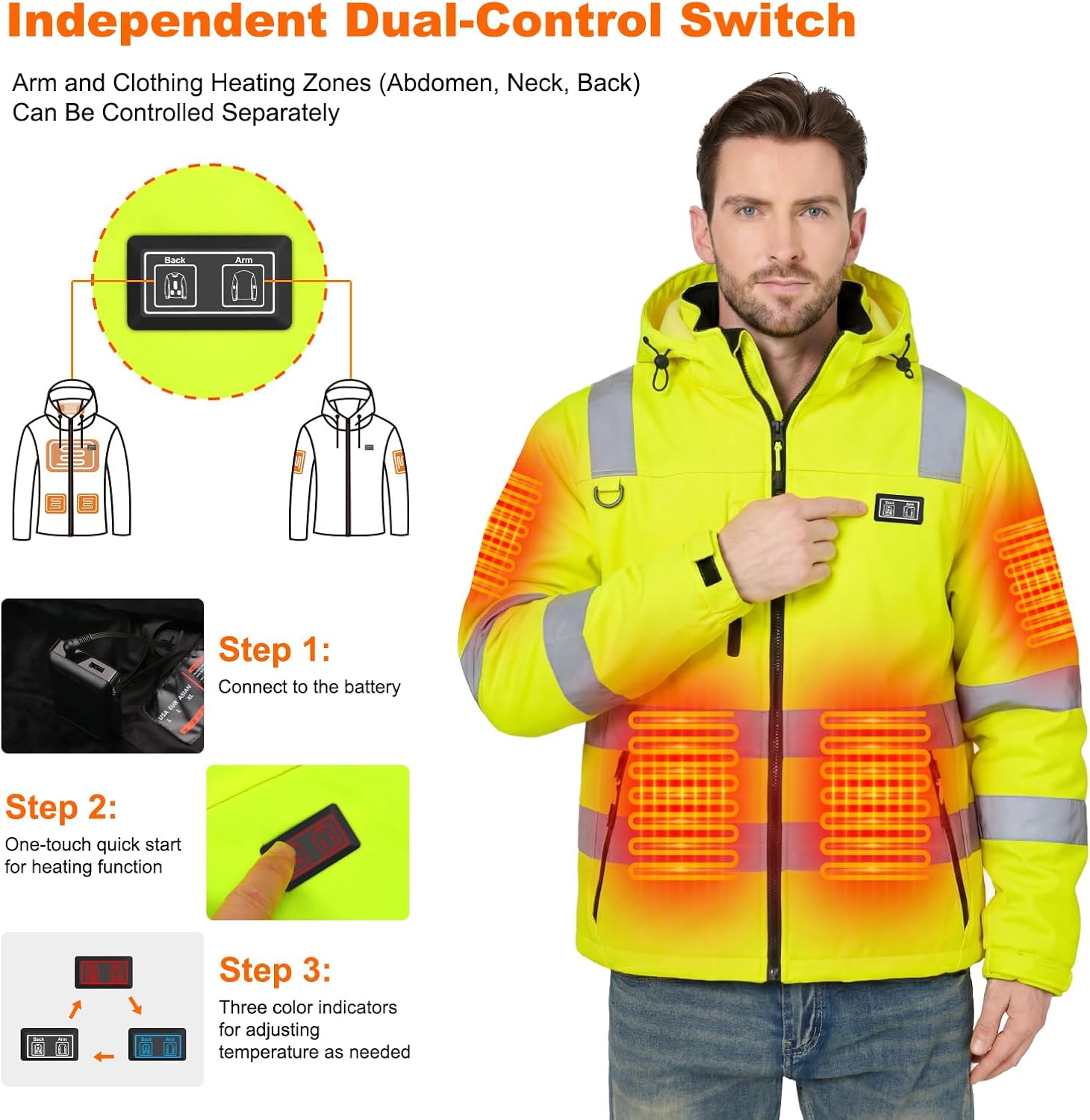 Heated High Visibility Reflective Jackets for Men with Fleece Lining heated work jacket 16000mAh Battery pack - Image 5