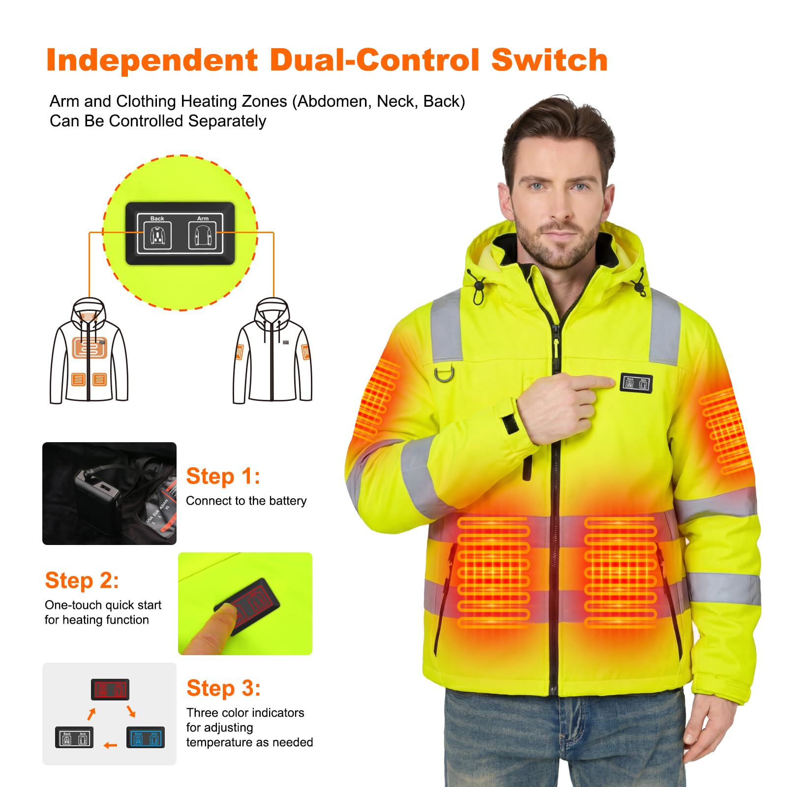 Hi-Vis 4 in1 Giacca Pilota Con Rivestimento in Feltro, Batteria da 16000 mAh Giacca da Linvernale da - Giacca Softshell ad Alta Visibilità Uomo con Catarifrangenti 6 Zone di Riscaldamento