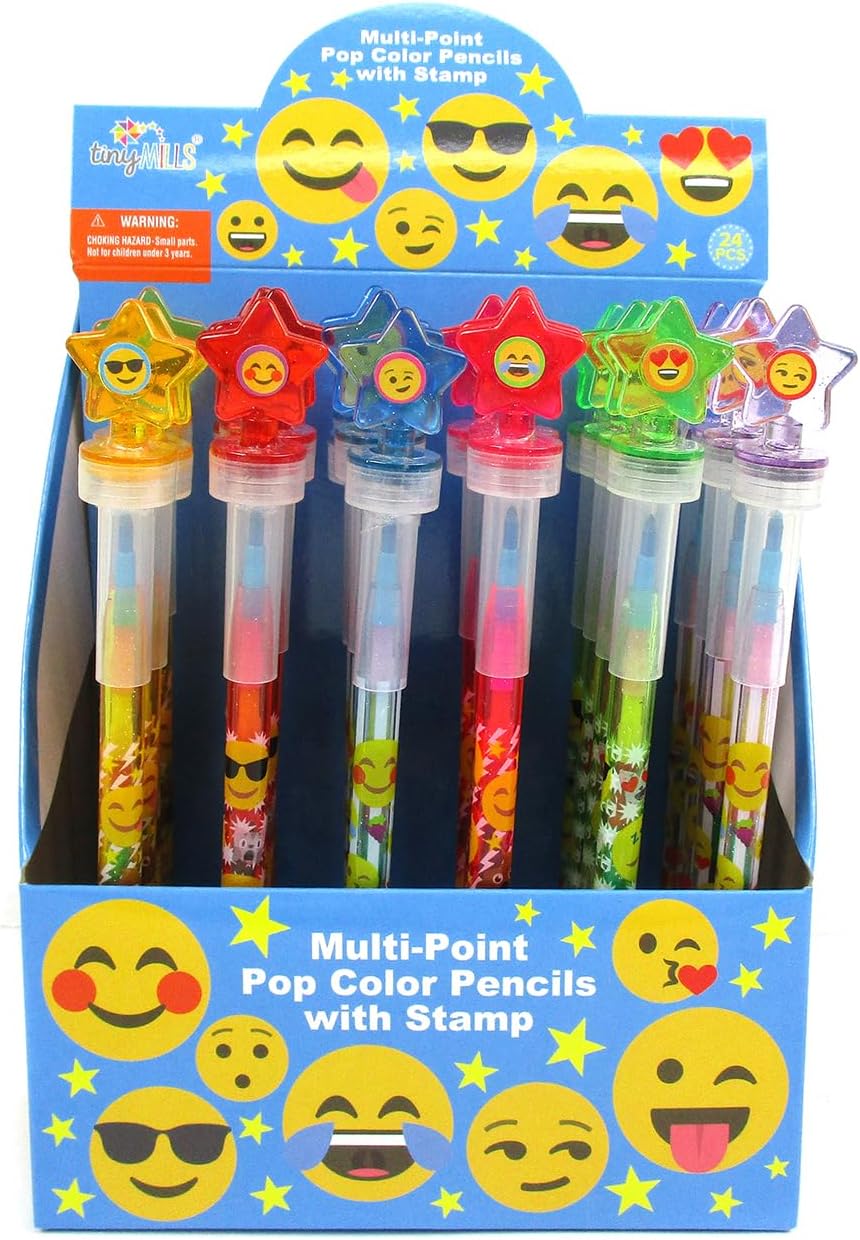 TINYMILLS 24 Pcs Emoji 2 in 1 Stackable Stacking Crayon with Extra Stamper Topper, Kids Party Favors, Goodie Bag Stuffers, Classroom Rewards, Prizes