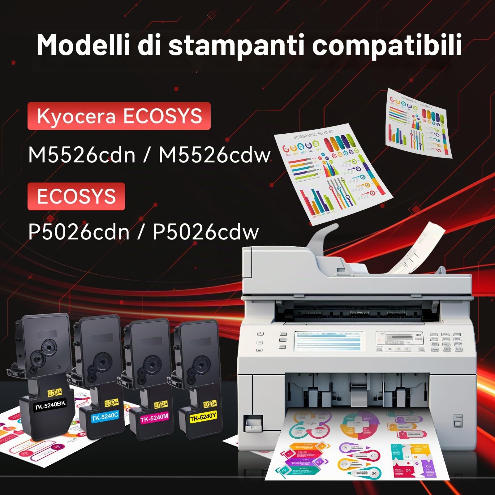 TK5240 TK-5240 compatibile con Kyocera Ecosys M5526cdw M5526cdn | Compatibile con Kyocera Ecosys M5526cdw, M5526cdn e Kyocera Ecosys P5026cdn, P5026cdw (nero, magenta, ciano, giallo)