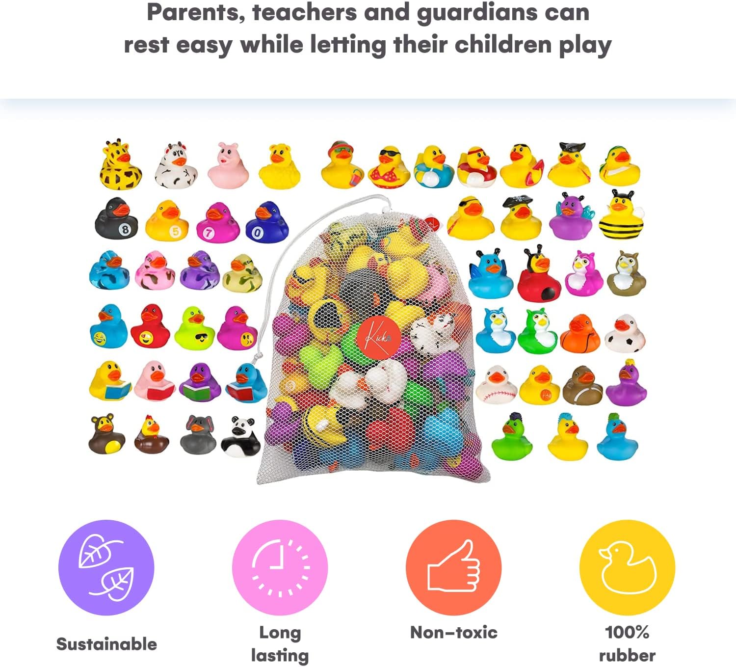 Kicko Assorted Rubber Ducks in Bulk - 50 Pack - 2 Inches - for Kids, Sensory Play, Stress Relief, Stocking Stuffers, Classroom Prizes, Decorations, Supplies, Holidays, Pinata Filler, and Rewards