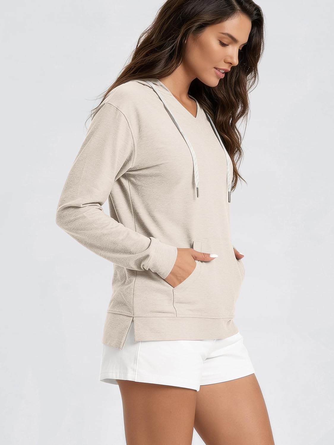 ODODOS Women's V-Neck Oversized Hoodie - Ultra Soft odSTRATUM Tech Pullover, Side Slit Long Sleeve Tops with Kangaroo Pocket image 2