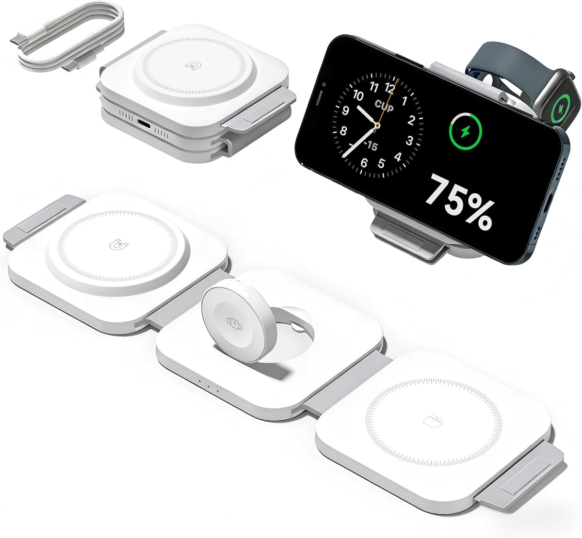 Estación de carga 3 en 1 para Apple, base de carga inalámbrica magnética plegable | Almohadilla de carga de viaje para múltiples dispositivos iPhone 17 16 15 14 13 12 Pro Max Plus Apple Watch Series y AirPods 4/3/2/Pro