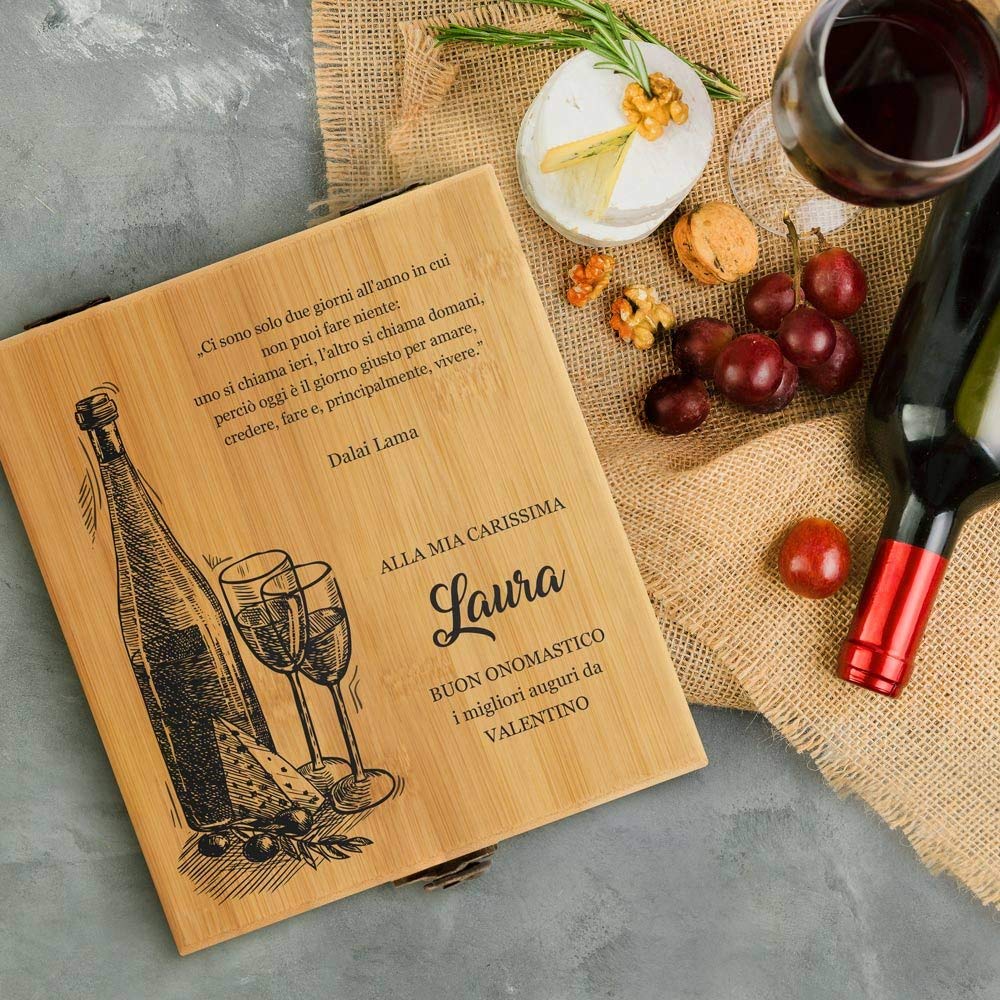 Maverton Set di Accessori da Vino - Kit Cavatappi da Vino Degustazione Perfetta Personalizzato - Scatola in Legno di bambù + 4 Pezzi di Accessori Vino - Regalo Donna - Giorni