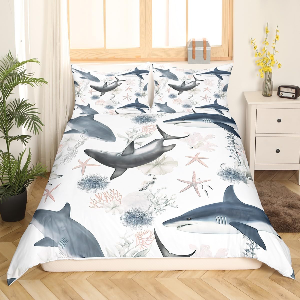 Feelyou Sealife Comforter Cover Set Ink Shark Coral Flower Bedding Set for Kids Boys Girls Ocean Marine Theme Duvet Cover Nature Bedspread Cover Bedroom Collection 3Pcs Full Size
