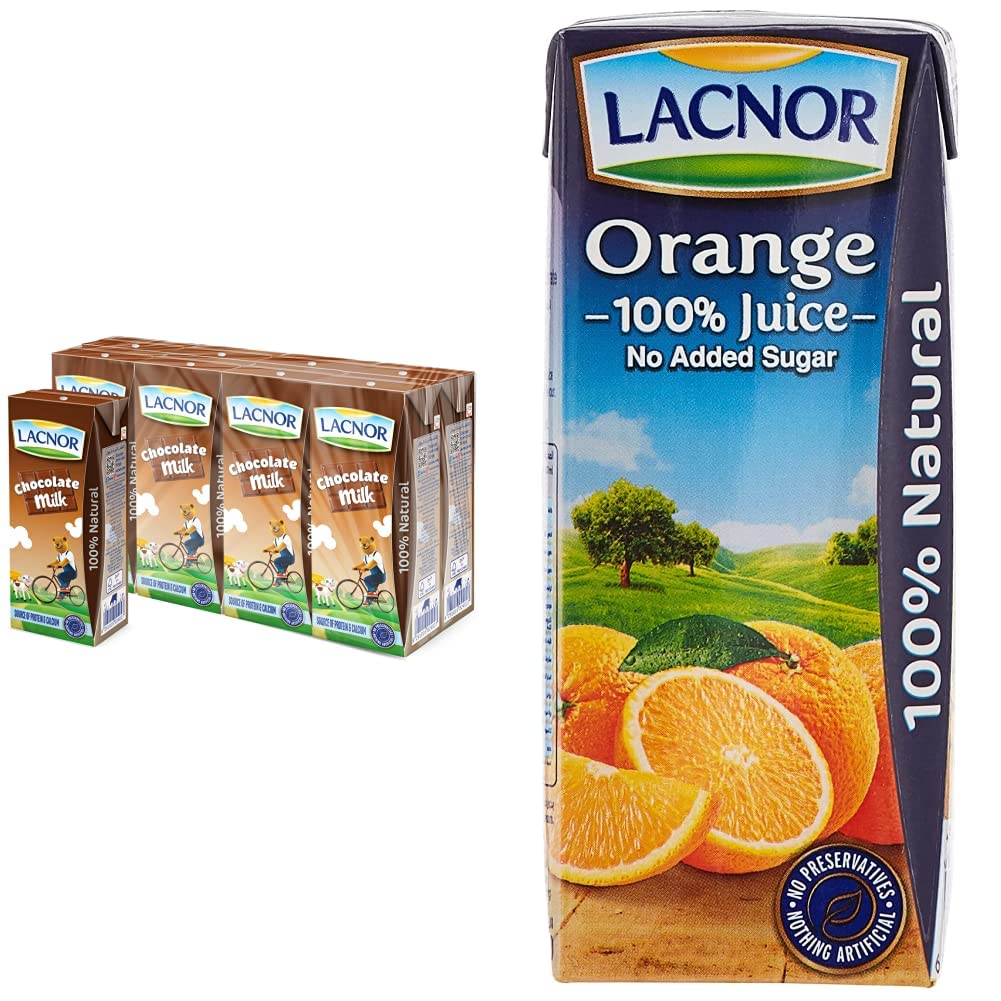 LacnorEssentials Chocolate Milk, 100% Natural, Rich in Vitamin and Calcium, 28% Reduced Sugar, 180 ML Pack of 8 & Essentials Orange 100% Juice, No Added Sugar, 180 Ml Pack Of 8