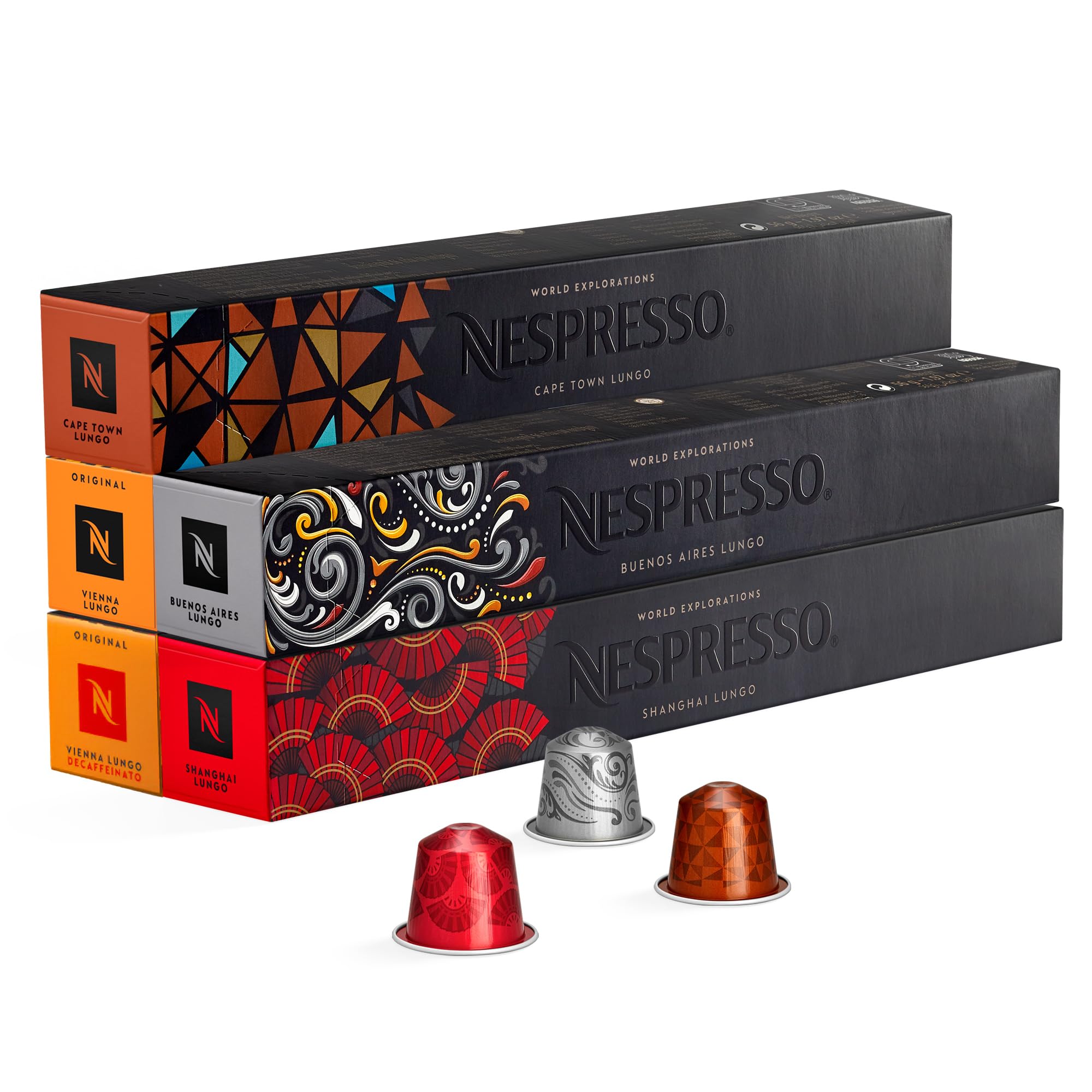 Pack de 100 cápsulas de café Lungo Nespresso Original World Explorations (Cape Town, Vienna, Vienna Decaffeinato, Shanghai, Buenos Aires)