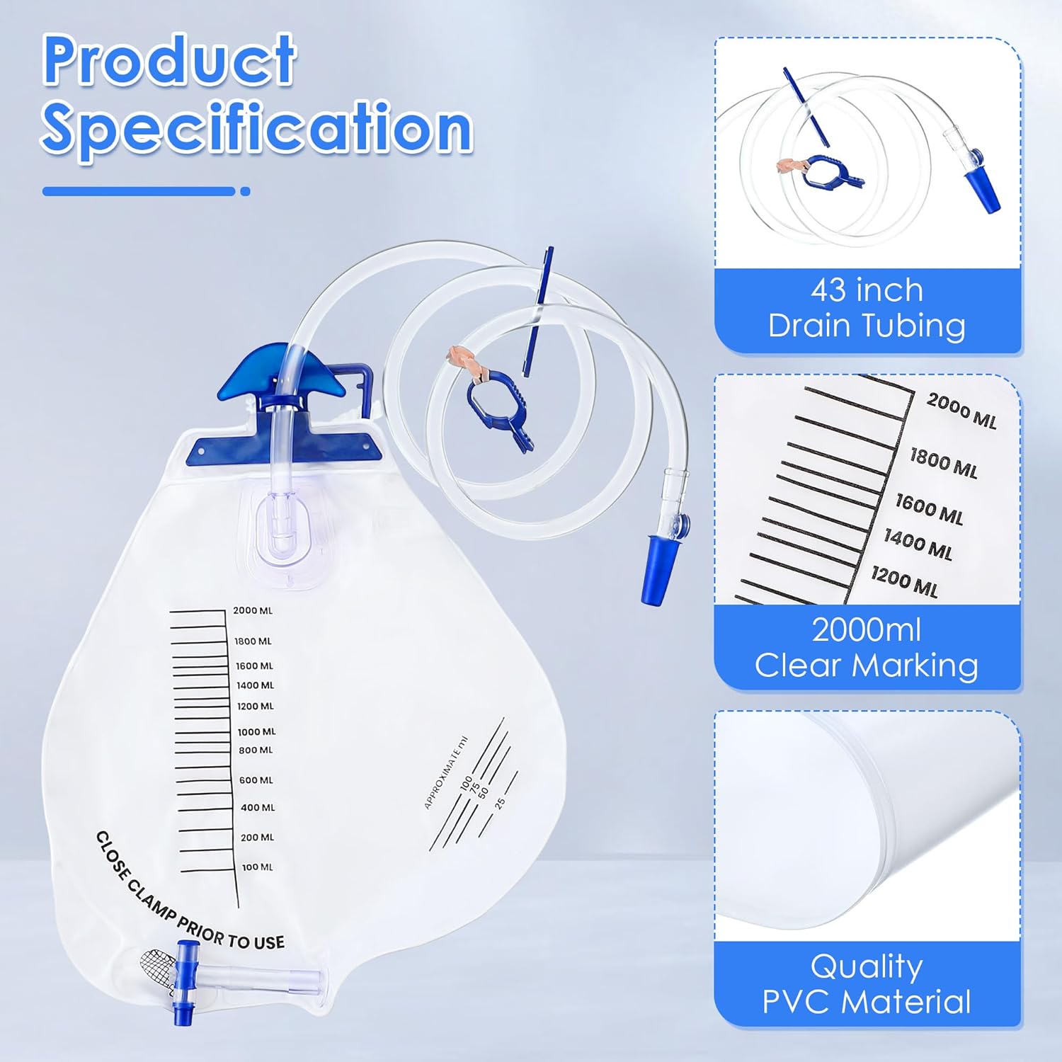Geiserailie 2000ml Catheter Bags, Urinary Drainage Bag with Anti Reflux Chamber, Hook, Hanging Rope, Sheet Clip, Leakproof Splash Drain Spout Urine Bags (10 Pcs)