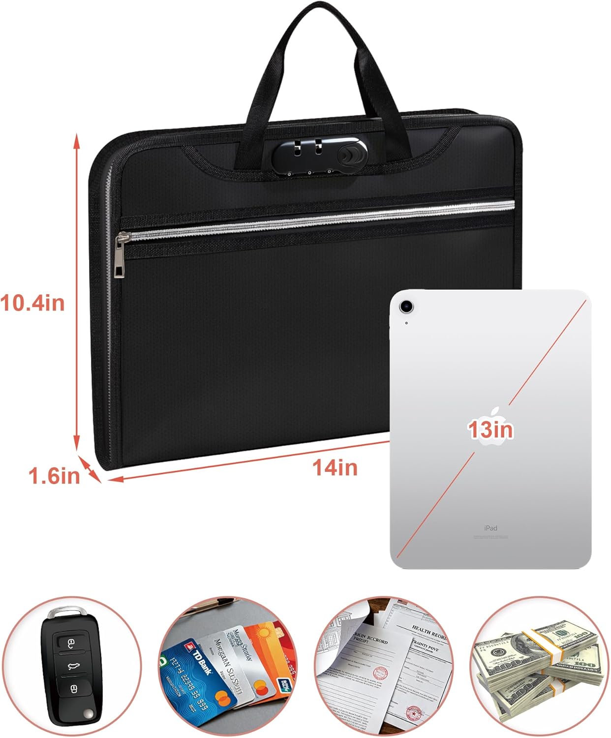 Fireproof Important Document Organizer Folio Folder with Lock — 13 Pocket Expanding Accordion File Organizer with Handle & Labels, Portable Home Travel Safe for Portfolio, Letter, A4 Files