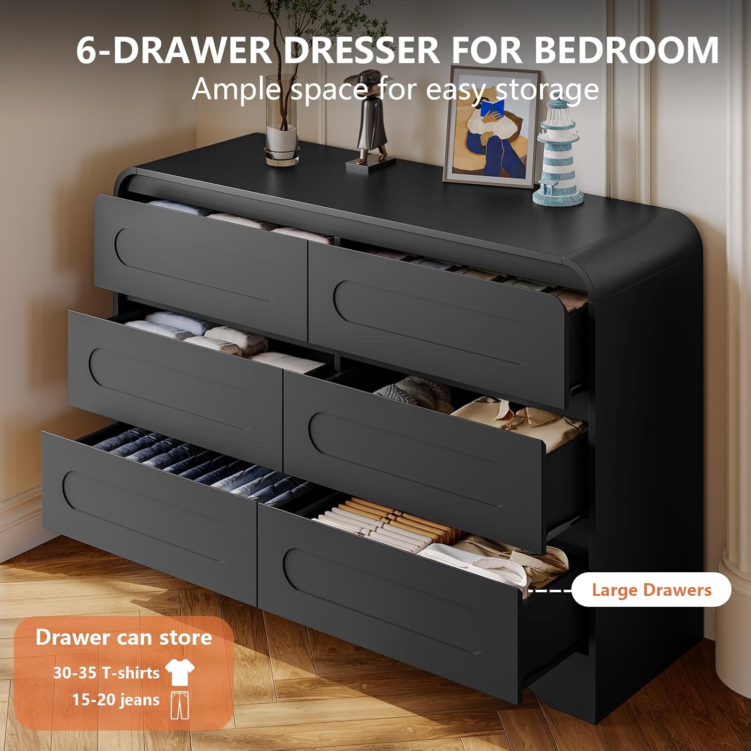 Black 6-drawer dresser with drawers open, illustrating ample storage space for clothing.