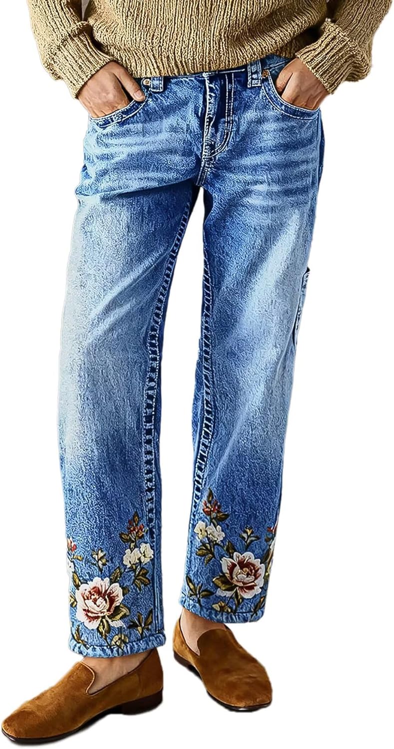 Flamingals Mid Rise Straight Leg Jeans for Women Floral Embroidery Stretchy Wash Vintage Denim Jeans