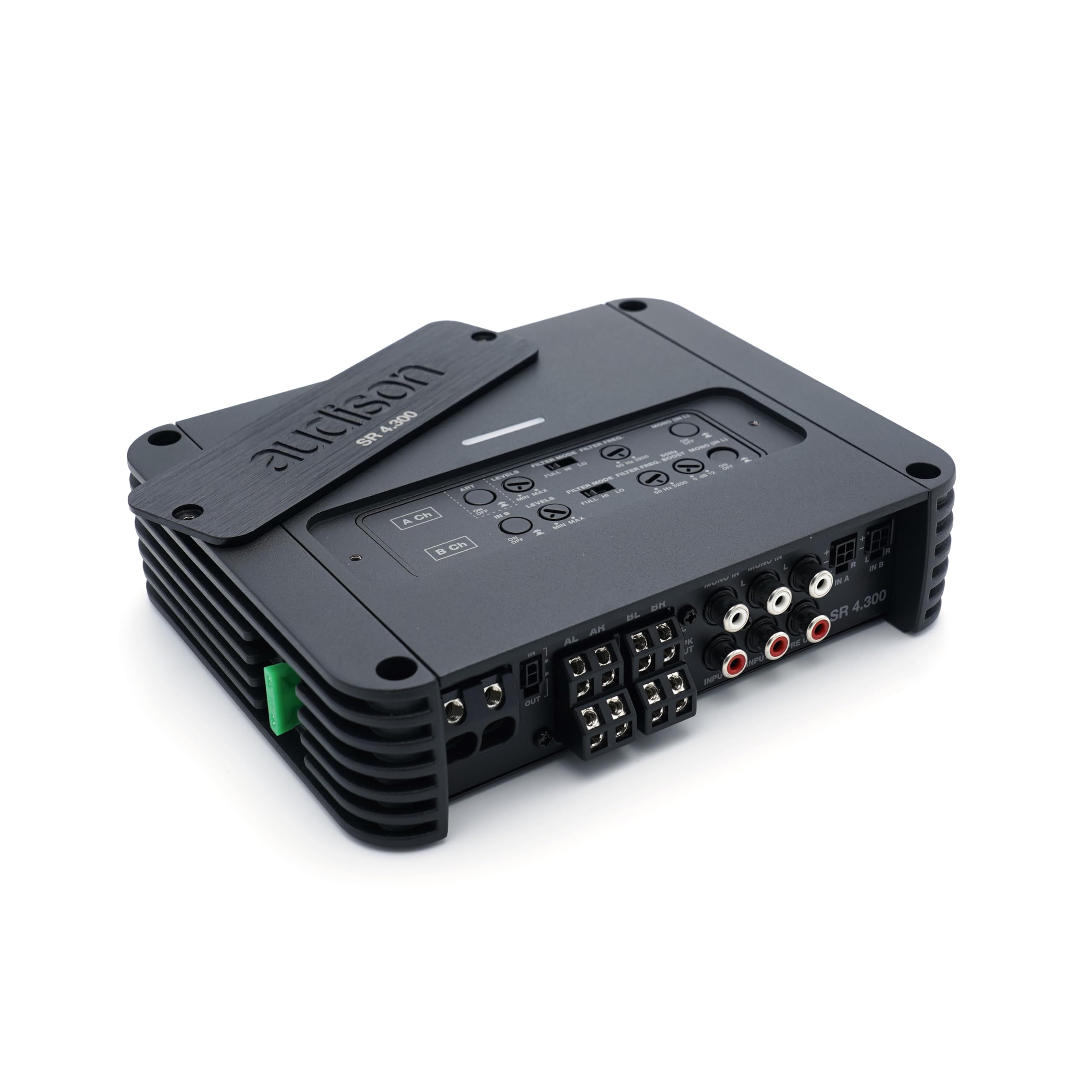 Audison SR 4.300 4-Kanal Class-D Verstärker, 4x130W RMS bei 4 Ohm, Aluminium-Gehäuse, Cinch und High-Level Eingänge, Frequenzweiche, 19x15,5x4,75 cm, 1,93 kg