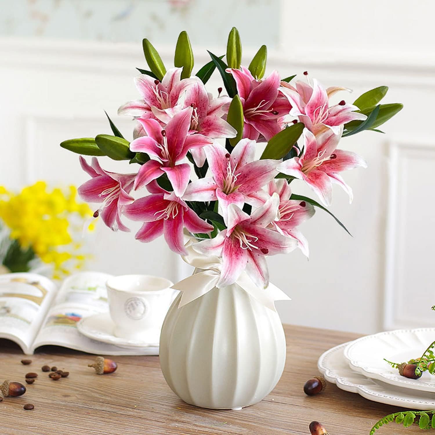 2Pcs 6 Heads Dark Red Lily Artificial Flowers, 28inches Long Stem Latex Real Touch Stargazer Fake Lily Silk Flower for Tall Vase Easter Home Decor Wedding Party Table Centerpieces - Image 7