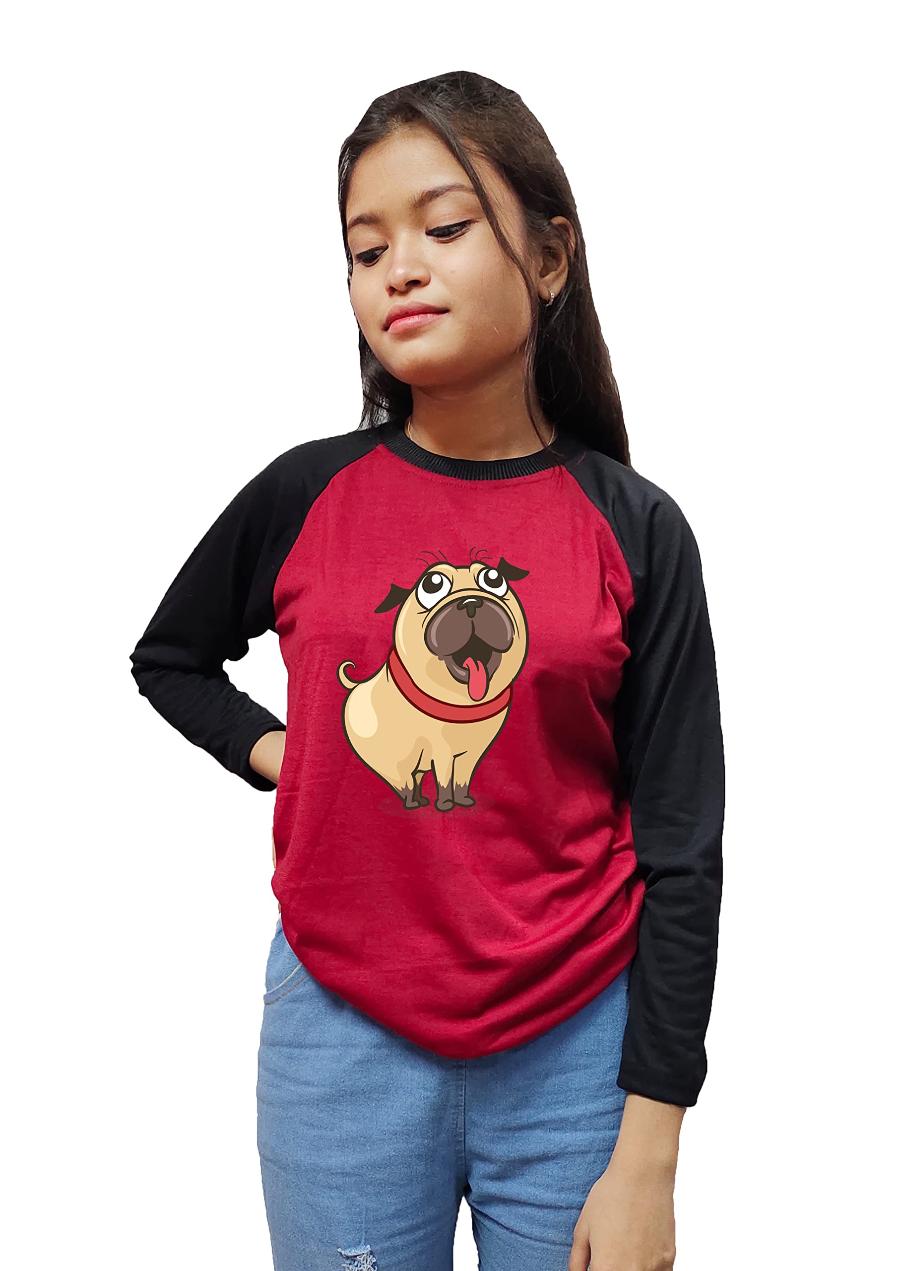 CrazyInkCute Pug Dog Graphic Cartoon Printed Full Sleeves Round Neck Cotton Top/T-Shirt for Girl's Maroon