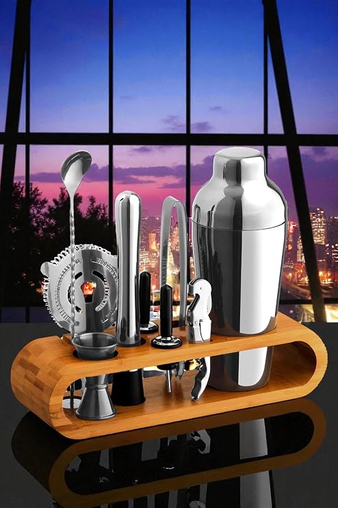 Transformacion Shaker Gümüş Kokteyl Set - 10 Parça 750 Ml Shaker Coctail Set Bambu Standlı, 722202