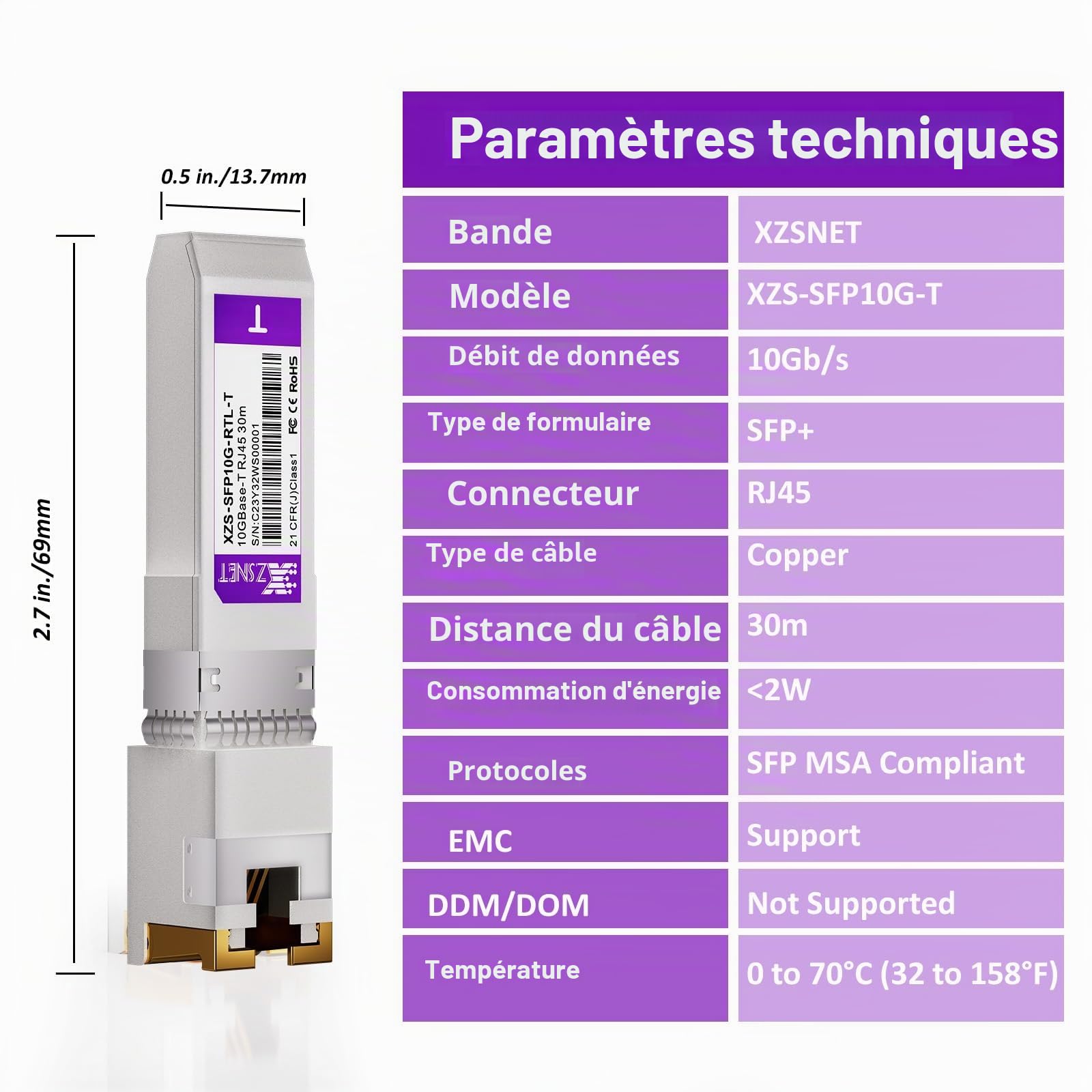 Module SFP+ multidébit 1,25/2,5/5/10 G vers RJ45, compatible avec Freebox Ultra/Delta, Cisco SFP-10G-T-S, Ubiquiti, MikroTik et autres, 10GBASE-T supportant Cat.6a/7 jusqu'à 30 m, 1 pièce