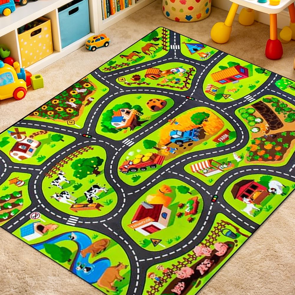 Car Play Rug for Kids, Road Mat for Toy Cars, Interactive Play Carpet for Children, Non-Slip Car Rug play mat for Bedroom Classroom Playroom 60x 90cm5