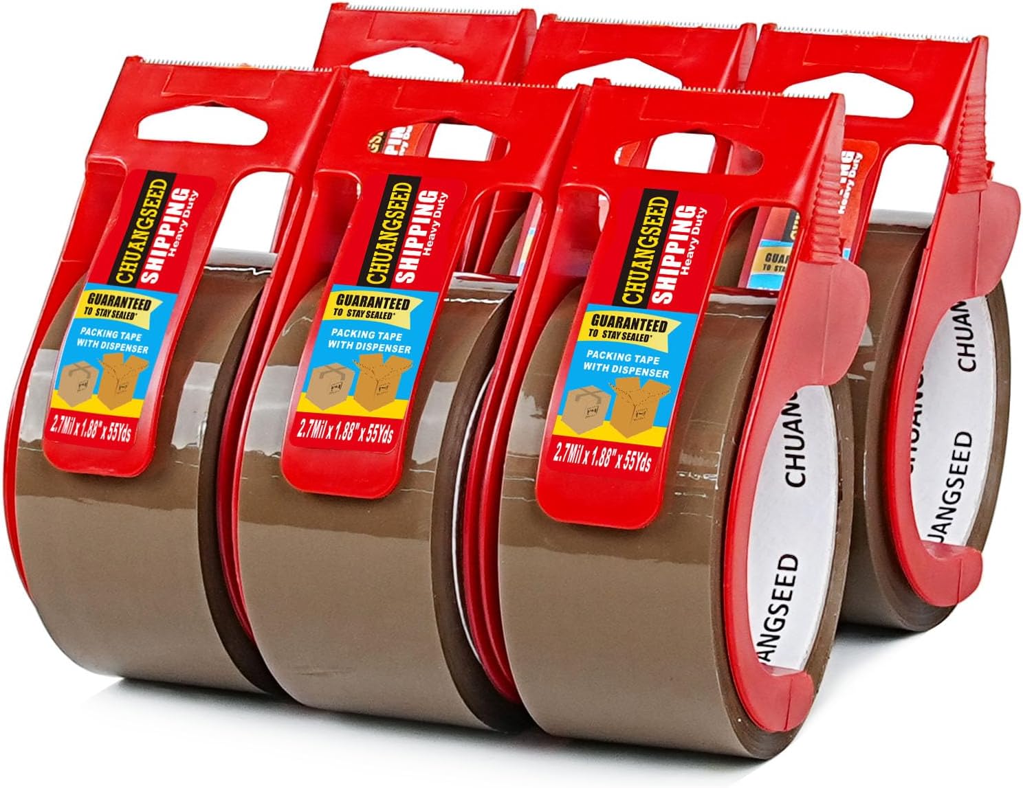 CHUANGSEED 6-Pack Brown Packing Tape with Dispenser-2.7mil x 1.88" x 55Y Heavy Duty Packing Tape for Moving Boxes-Moving Tape Strong Adhesive Packaging Tape