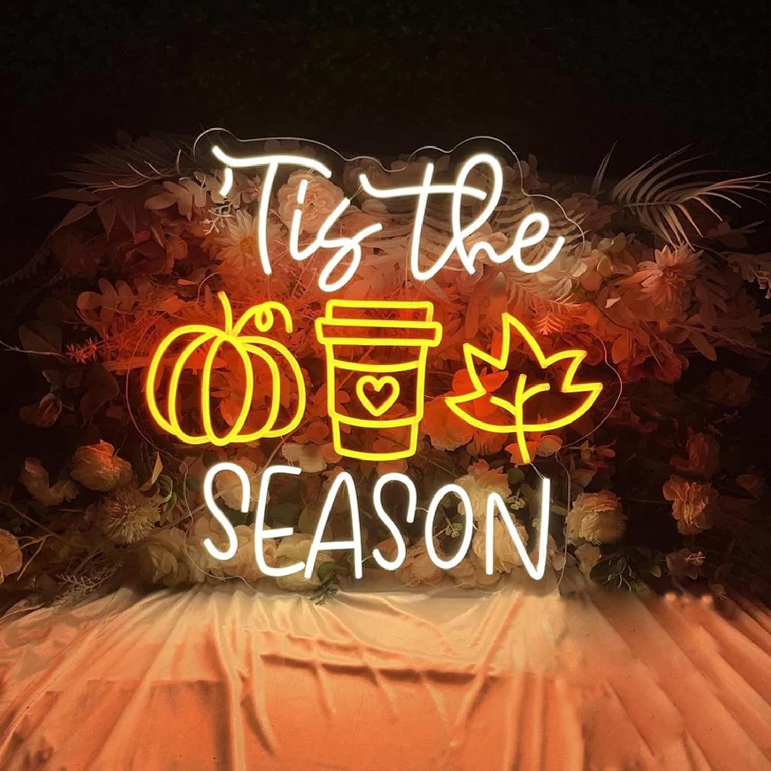 Tis The Season Neon Sign Led Fall Coffee Pumpkin Neon Light Up Sign Fall Season Led Sign Wall Decor for Bedroom Home Wall Art Thanksgiving Decoration 18 * 17inches inches