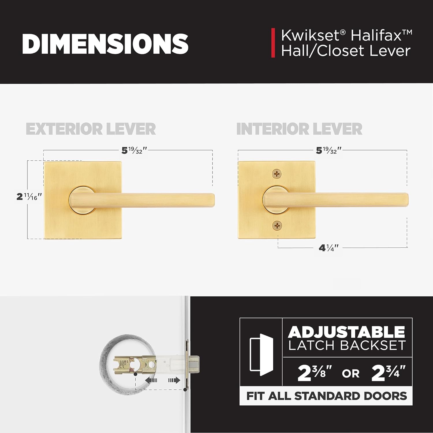 Kwikset Halifax Slim Square Passage Door Lever, Modern Interior Hallway and Closet Door Handle, Non-Locking Reversible Leverset, Satin Brass Finish