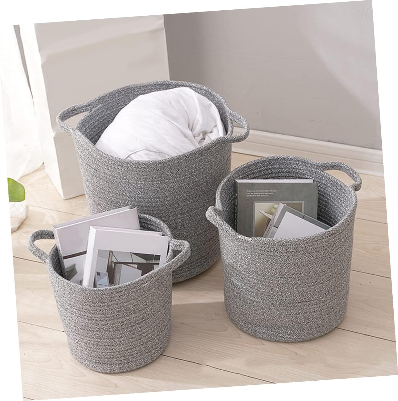 Luxshiny Cotton Laundry Basket Large Clothes Hamper with Dual Color Linen Portable Storage Basket for Blankets and Clothes Deep Gray Height
