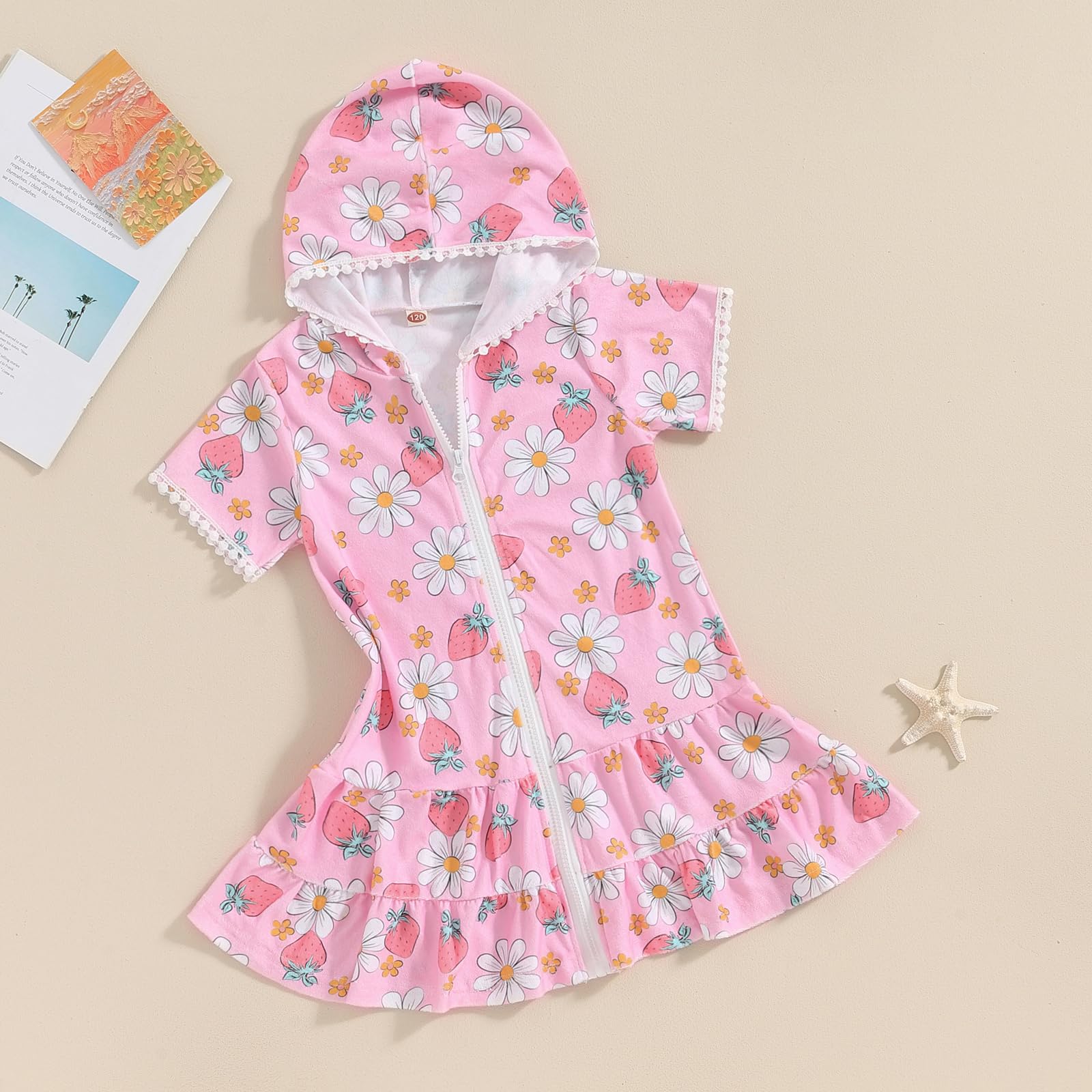 Gaono Baby Girl Swimsuit Cover Up Hooded Zip Up Beach Bathing Suit Towel Coverup Toddler Pool Robe Dress Swimwear (4 Pink, 4-5 Years)