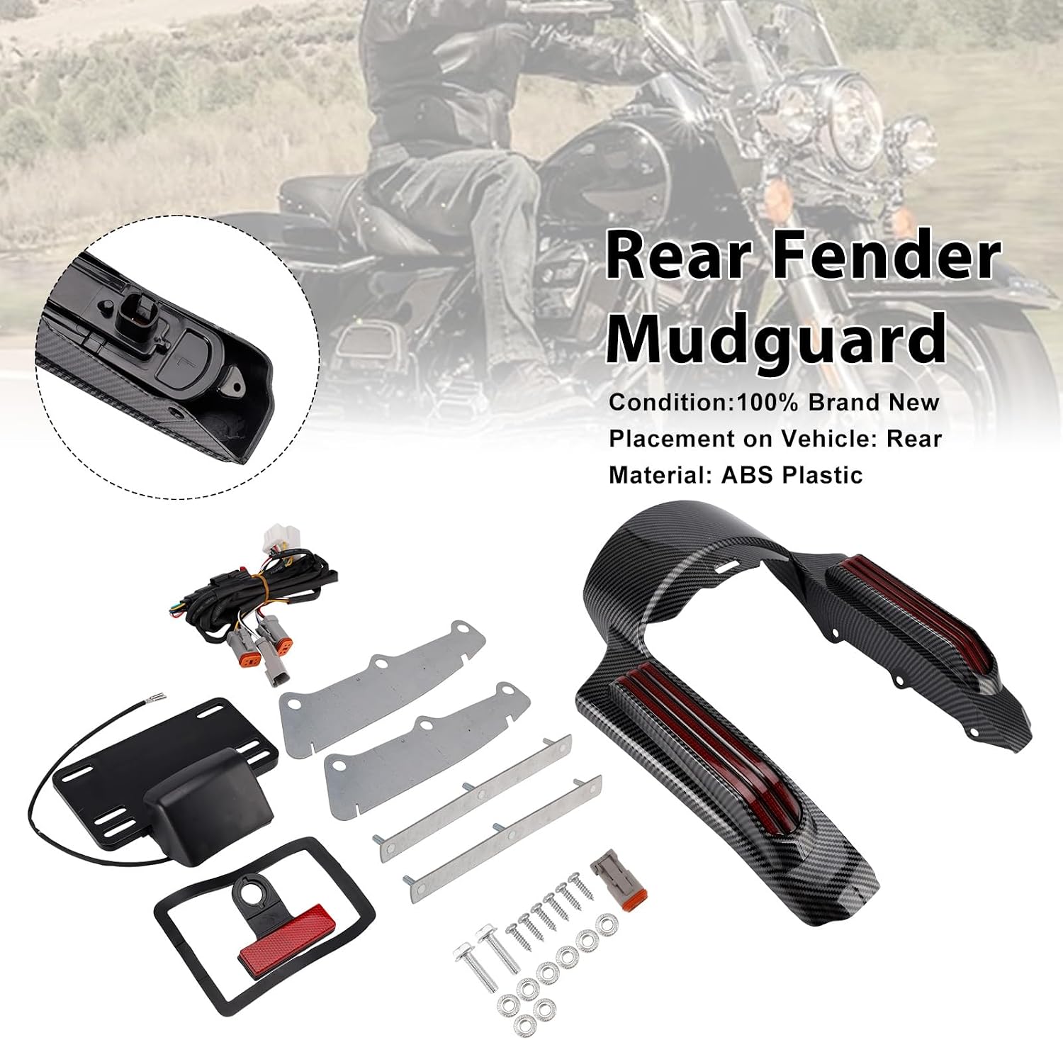 Rear Fender LED Light Kit for Harley Touring 2014-Up | ABS Plastic Fender Set, Pre-Drilled Holes, Rear Placement, Black Shell, Touring Road King Street Glide Use