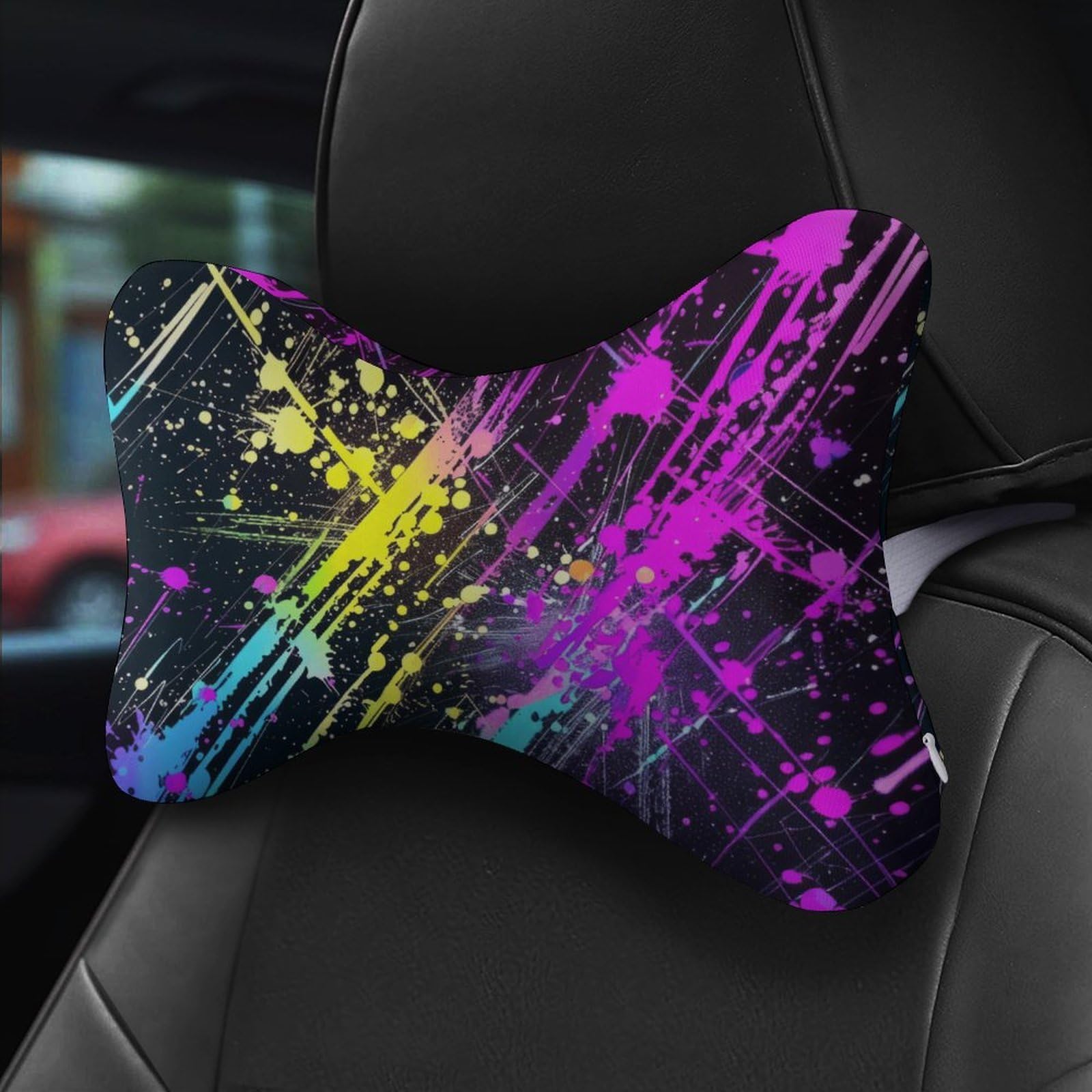 SMAZDFXX Neon Splatter Ink Car Neck Pillow Set of 2 Car Seat Head Support Cushion Bone Pillows with Elastic Strap