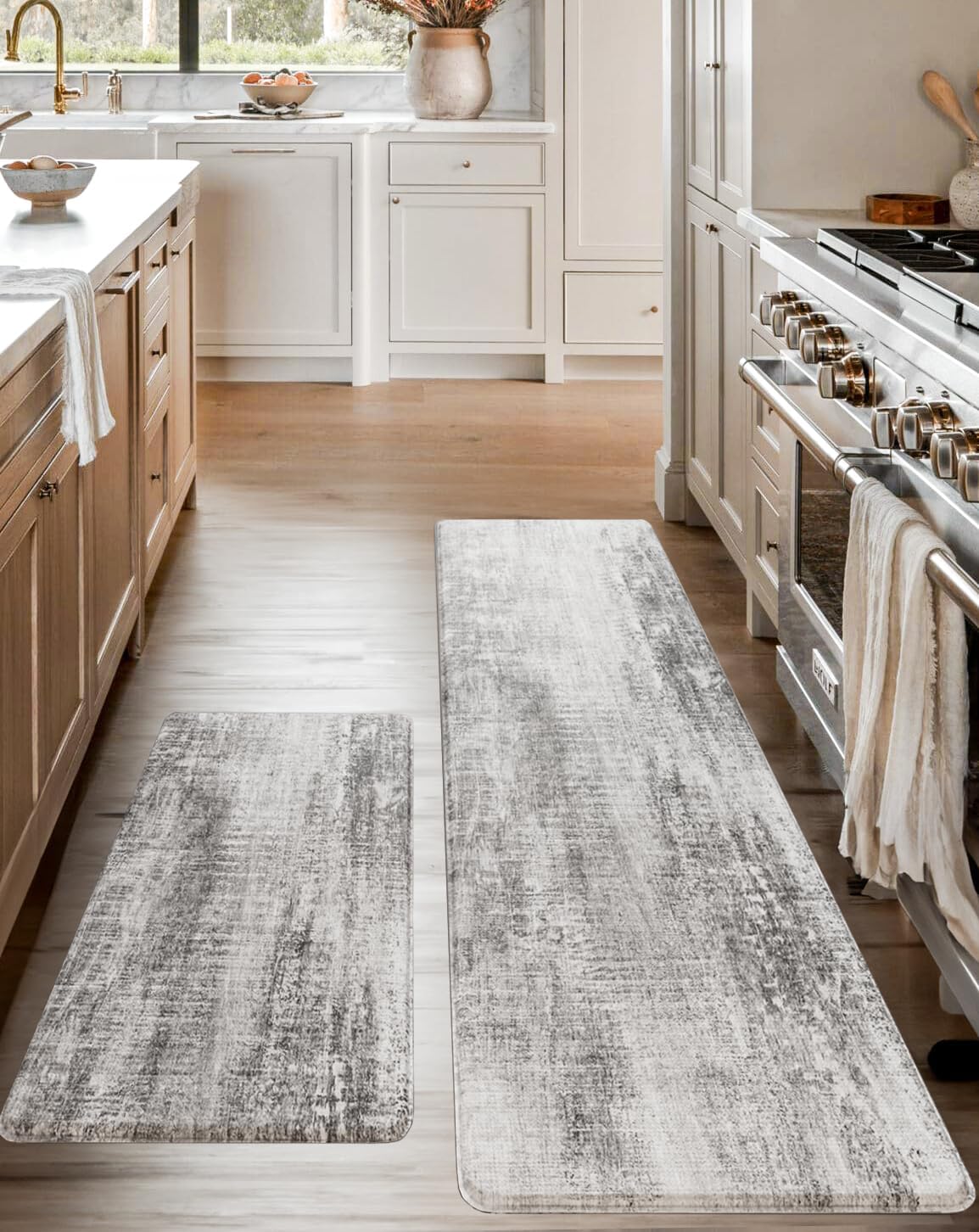 Anti-Fatigue Kitchen Mat Set – 2-Piece Memory Foam Cushioned Mats for Standing – Pewter, 18×30 & 18×60, 0.4 in Thick, Waterproof, Non-Slip – Homergy