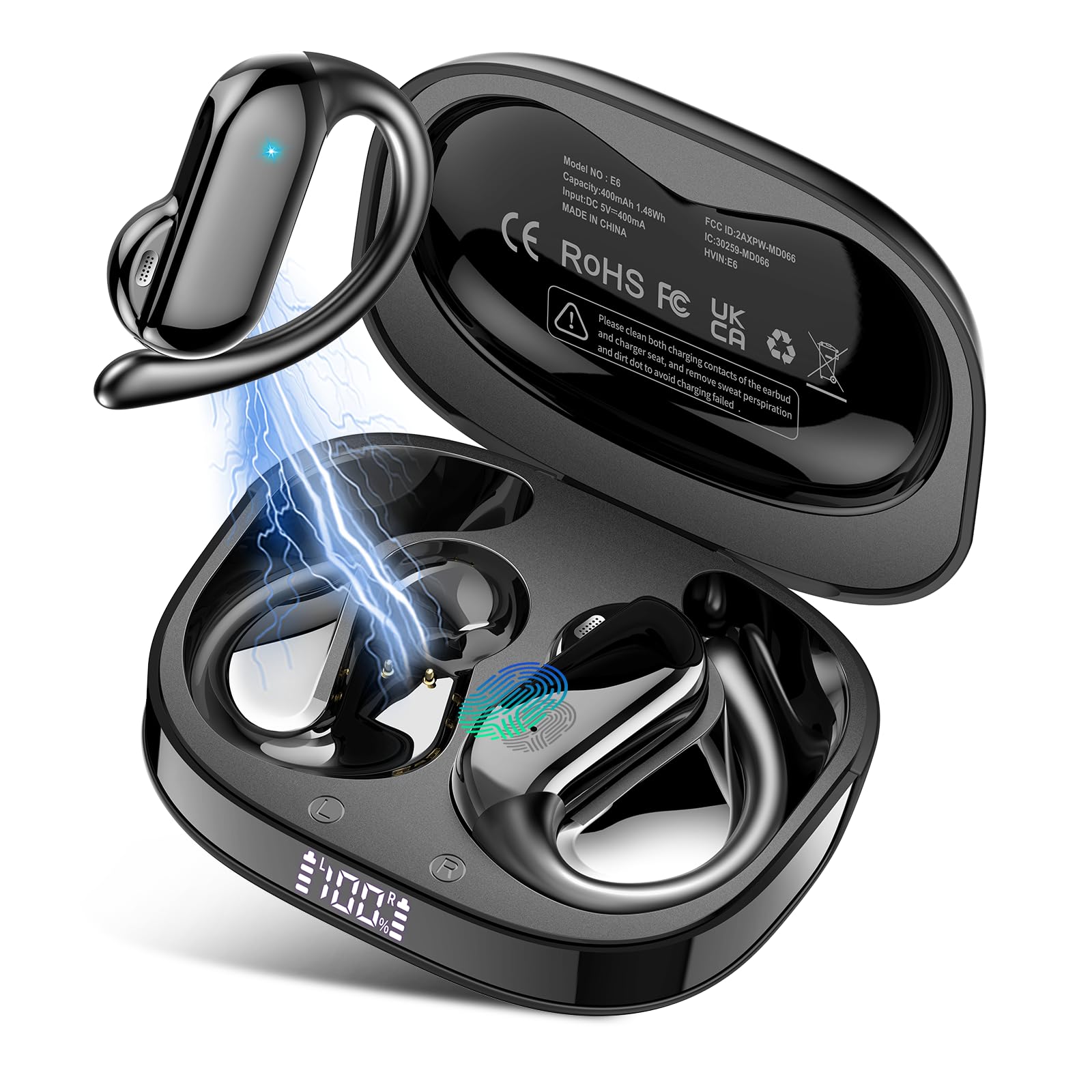 DUSONLAP Open-Ear Headphones, Bluetooth 5.4 Wireless Earbuds with Clear Calls, 32H Open Ear Earbuds with Ear Hooks, IPX7 Waterproof Lightweight Sport Earphones for Workouts/Running/Fitness/Black