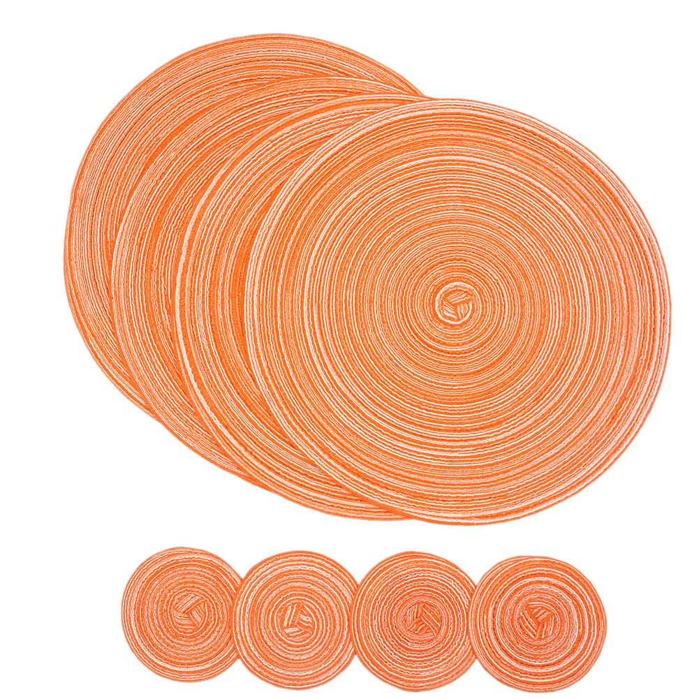 SCF2017 Round Woven Cotton Placemats, Heat Resistant 38cm Table Mats and 11cm Coasters,Set of 4,Orange