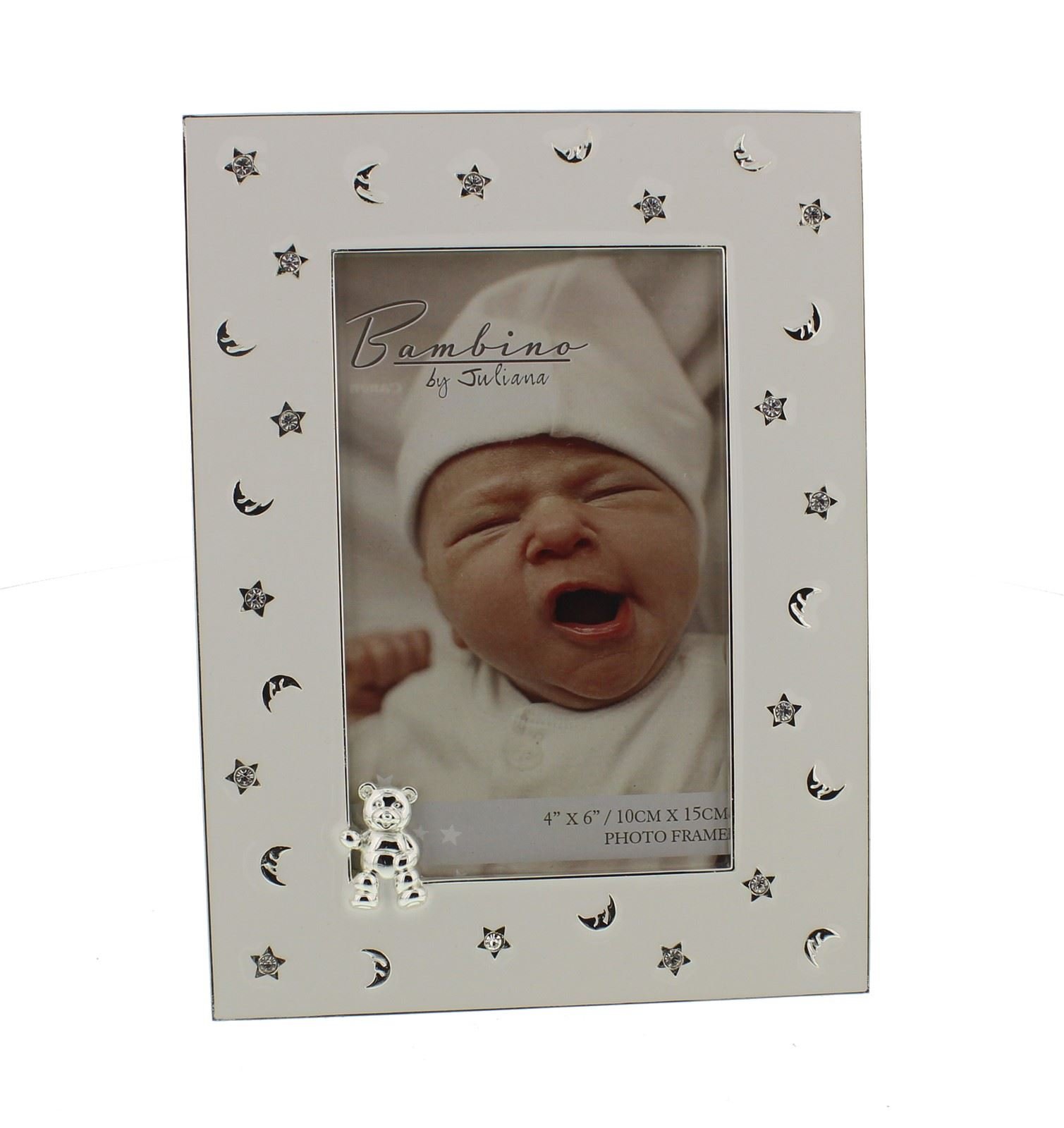 Bambino Silver Plated Frame Stars & Moon Teddy 4x6 Inch Picture